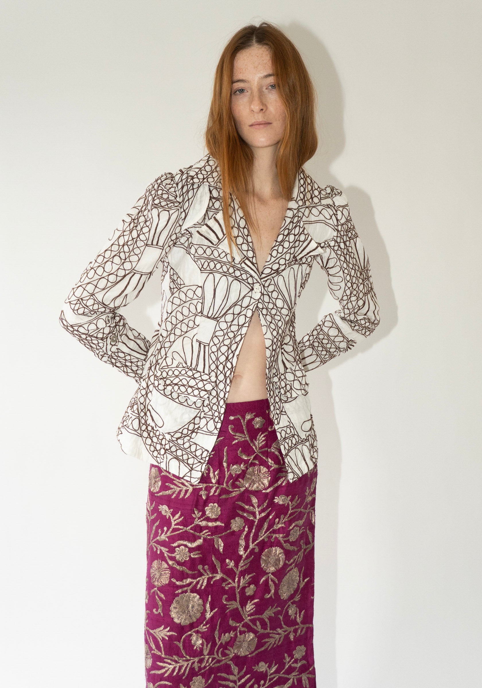 Tigra Tigra Embroidered Rabari Deconstructed Jacket in White and Brown