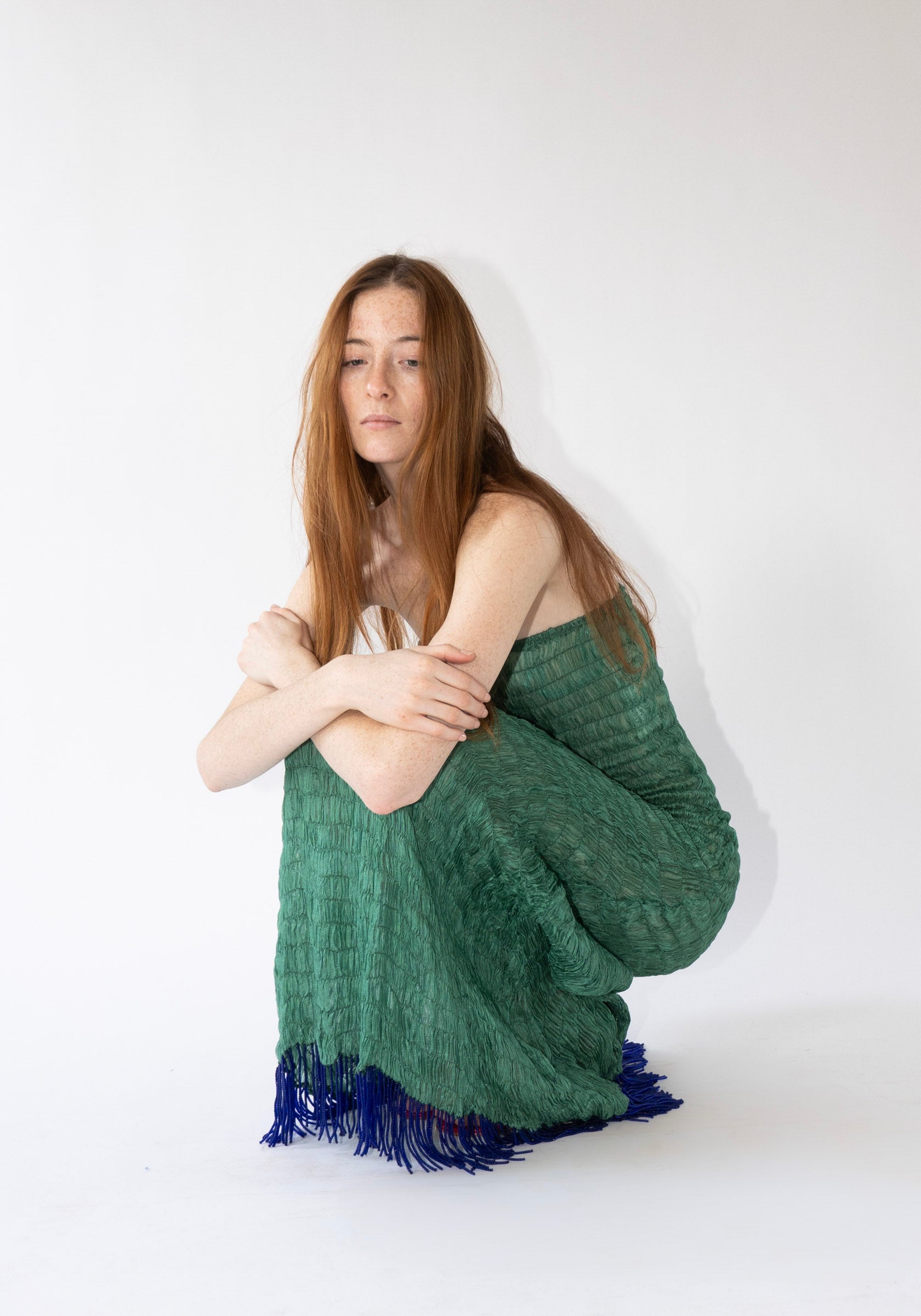 Tigra Tigra Gathered Kota Tube Dress with Beaded Fringe in Jade Green