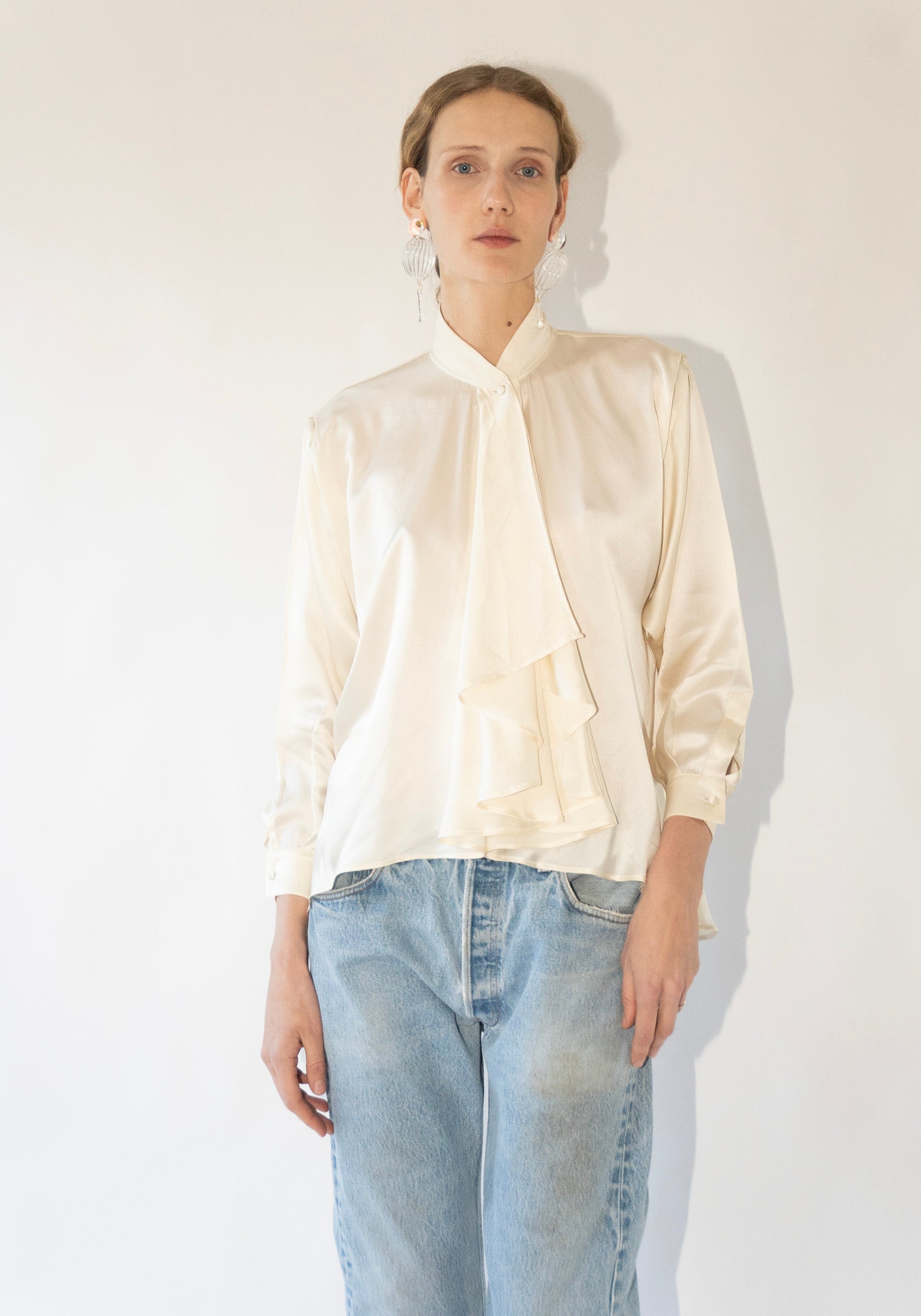 Vintage Genny Silk Ruffle Blouse in Ivory