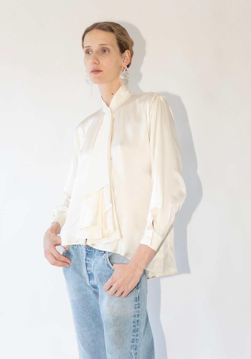 Vintage Genny Silk Ruffle Blouse in Ivory