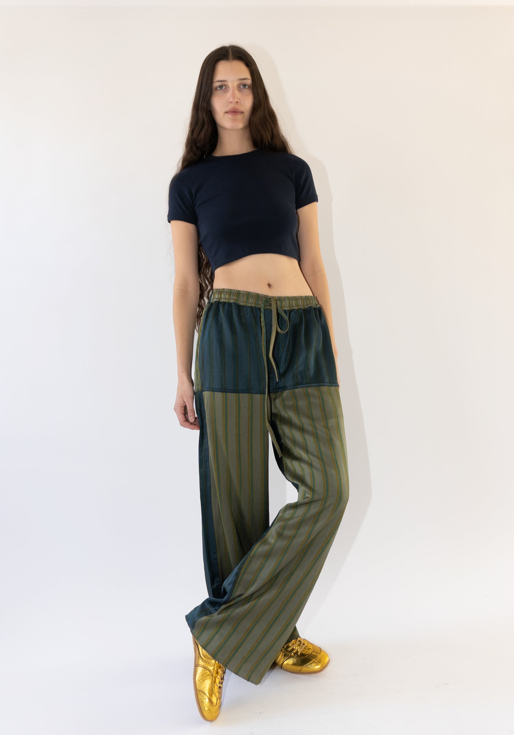 Tigra Tigra Patchwork Stripe Pant in Grey and Blue Stripe