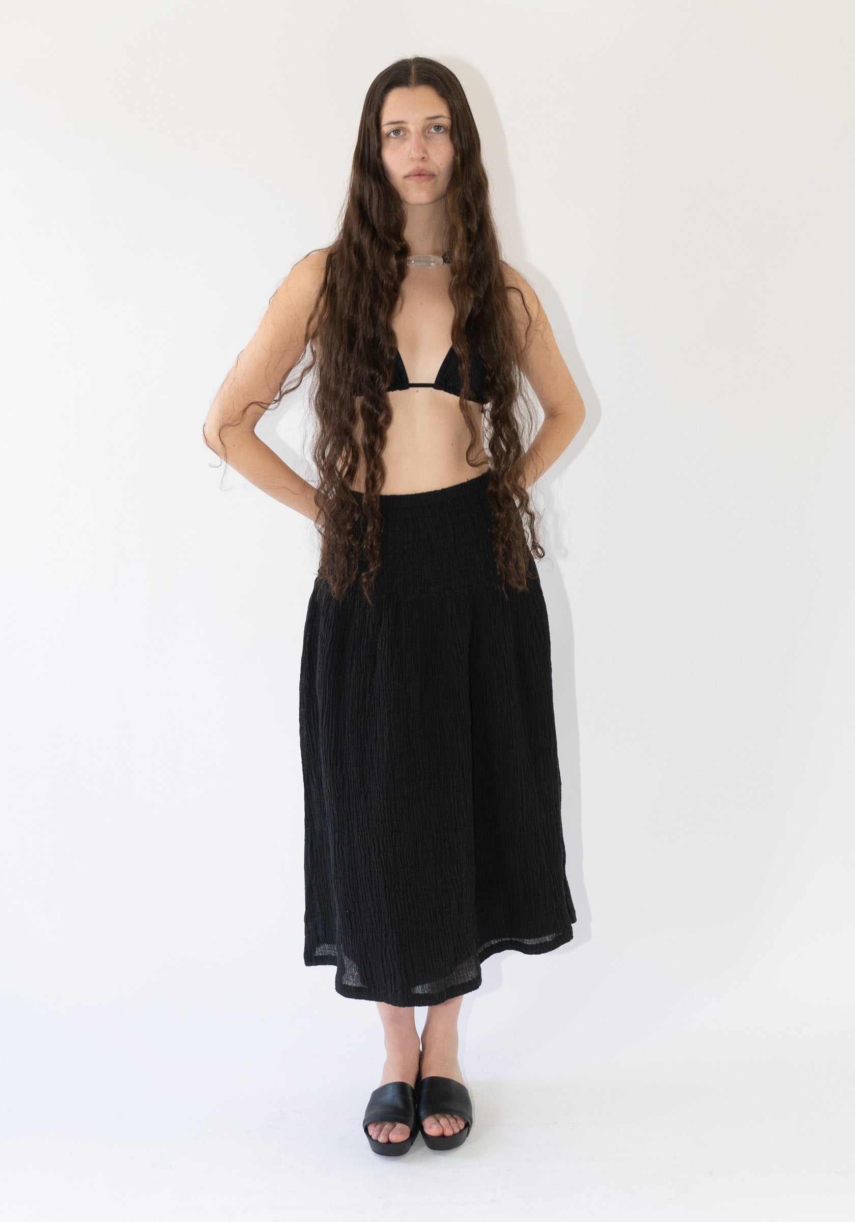 Sol Smocked Gauze Skirt in Black