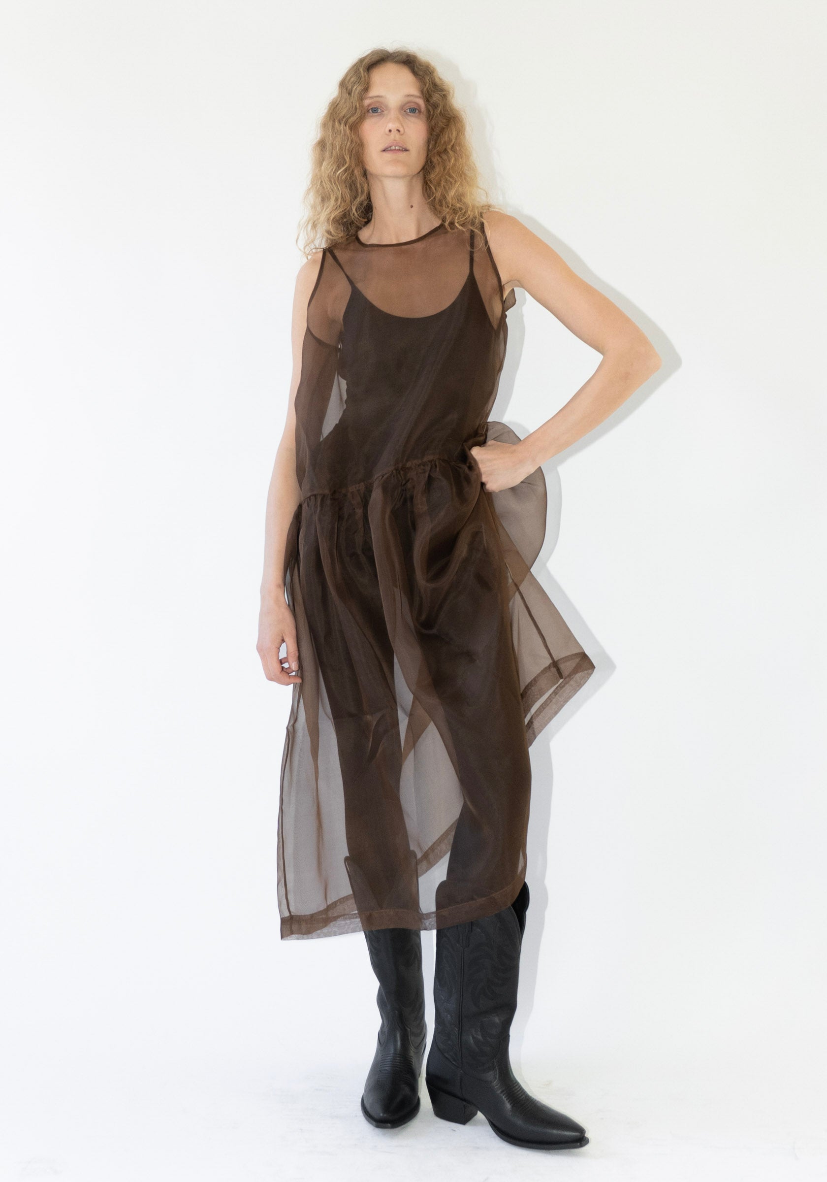 Silk Organza Gathered Isabella Dress in Chestnut