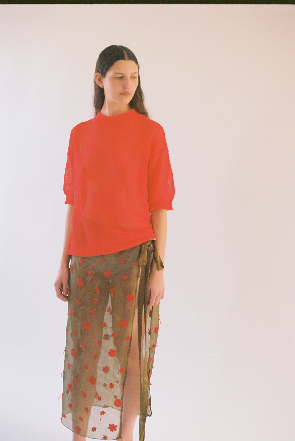 Knot Flowers Wrap Skirt in Army and Red