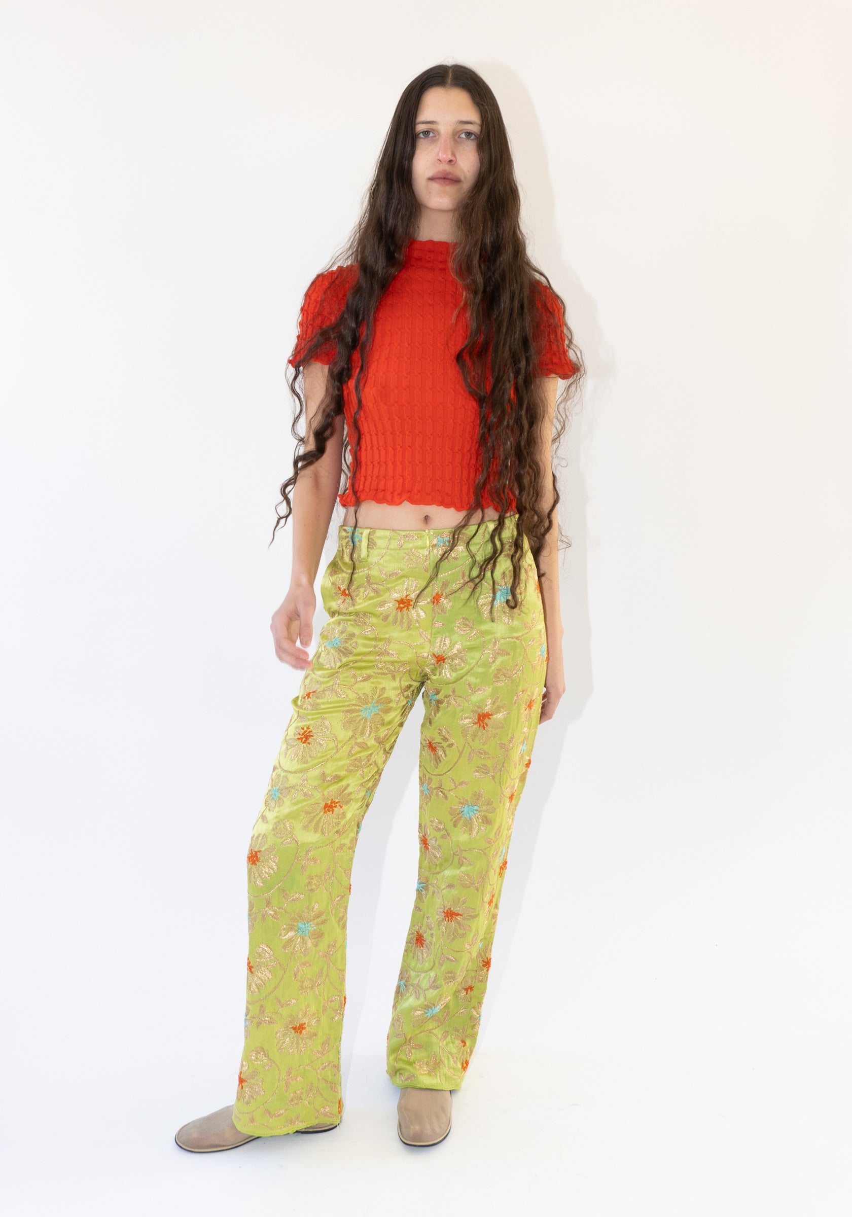 Tigra Tigra Khatwork Kasab Jaal Flat Pant in Lime