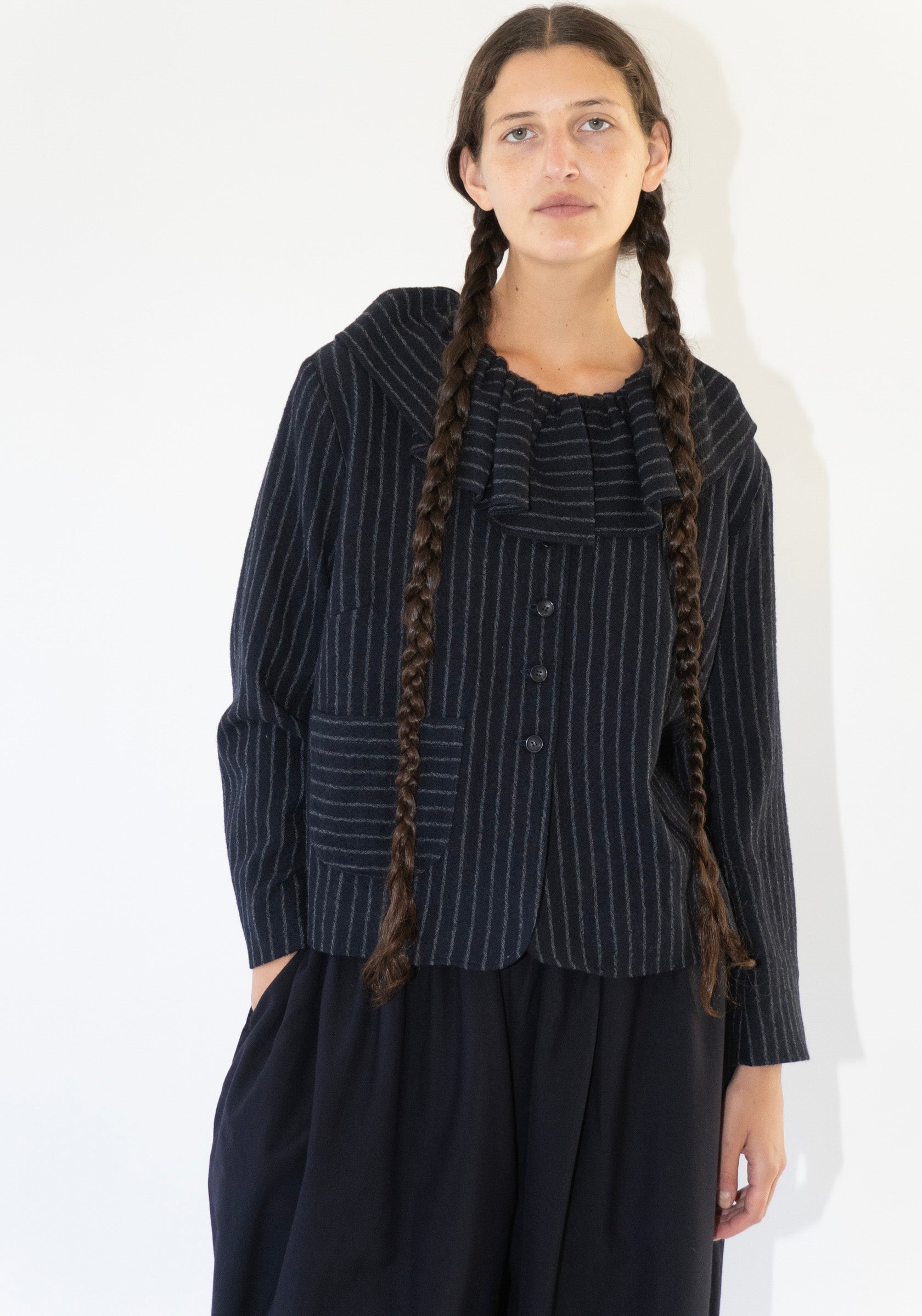 Japanese Striped Bouchle Ruffle Lillie Jacket in Navy and