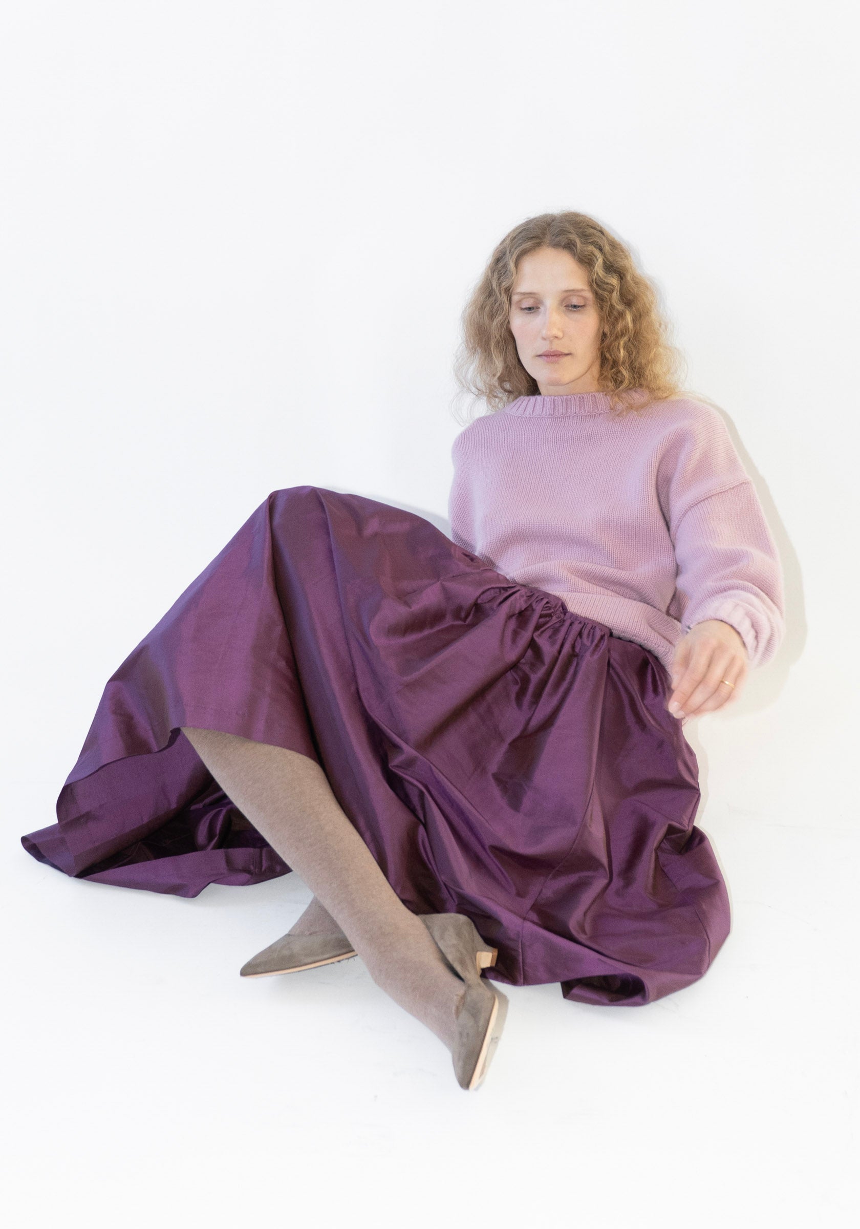 Silk Dupioni Panel Skirt in Plum