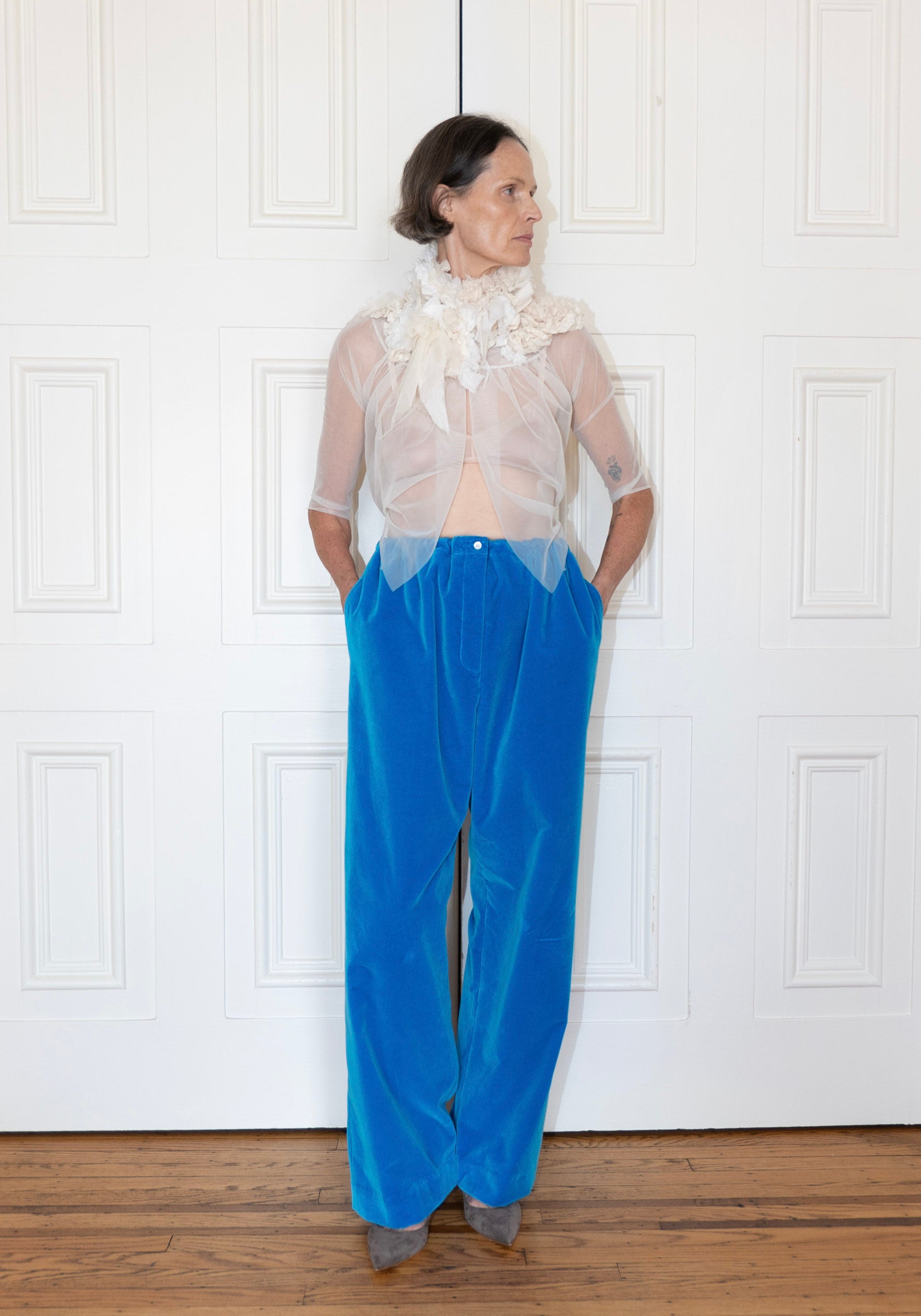 Colleen Allen Velvet Drawstring Pant in Cerulean Blue