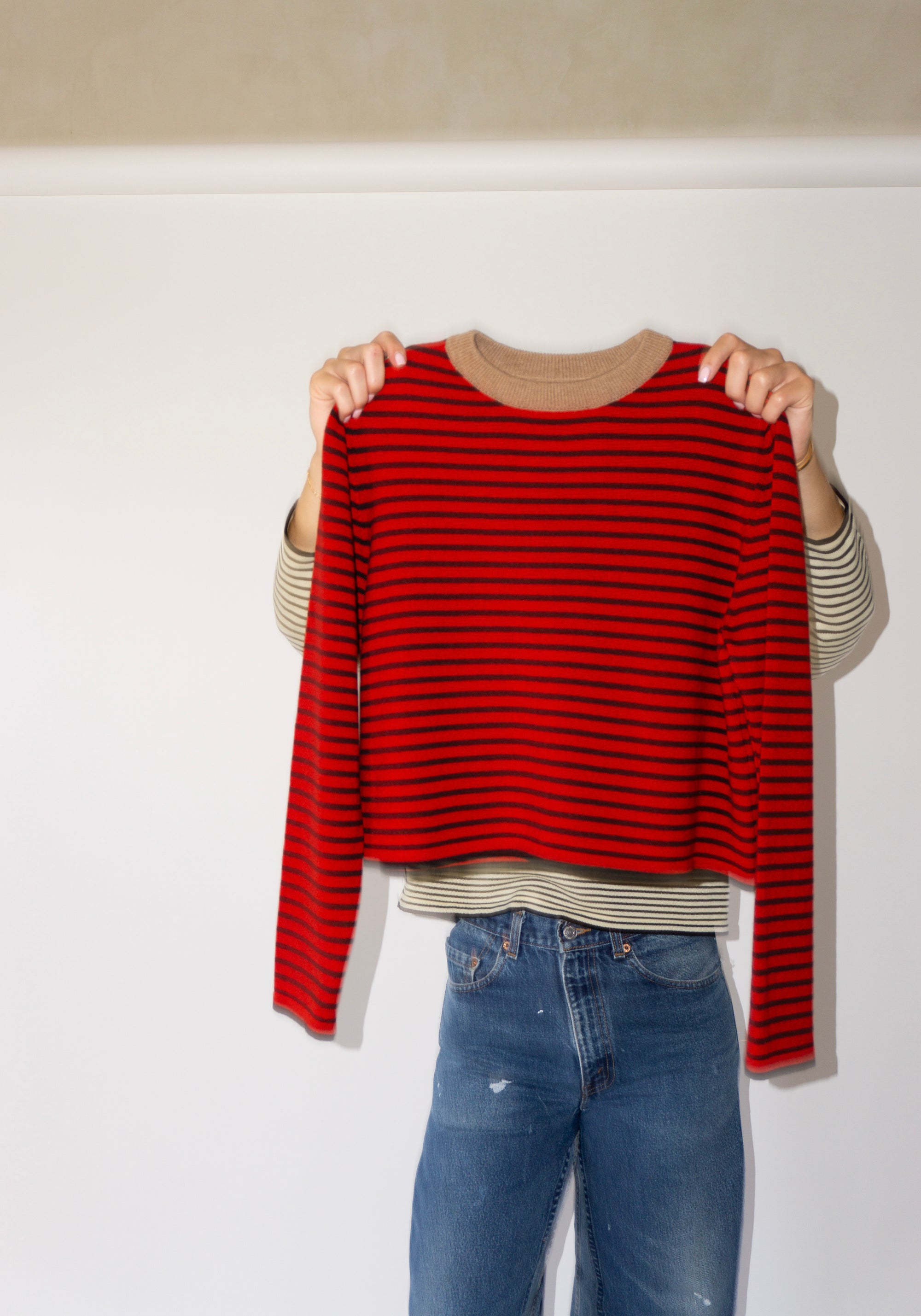 Merino Wool Striped Tee in Red