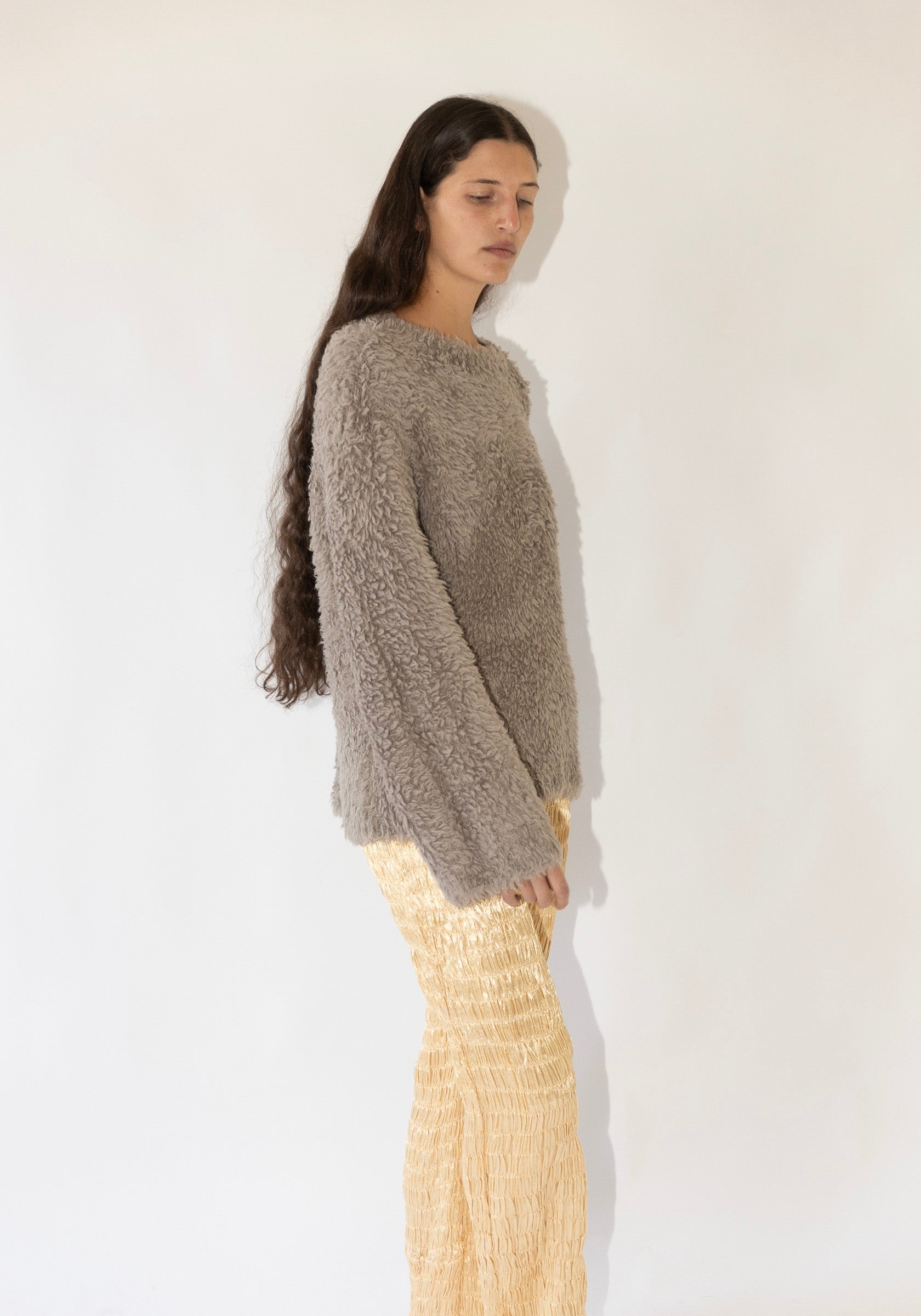 Handknit Fur Crewneck in Taupe