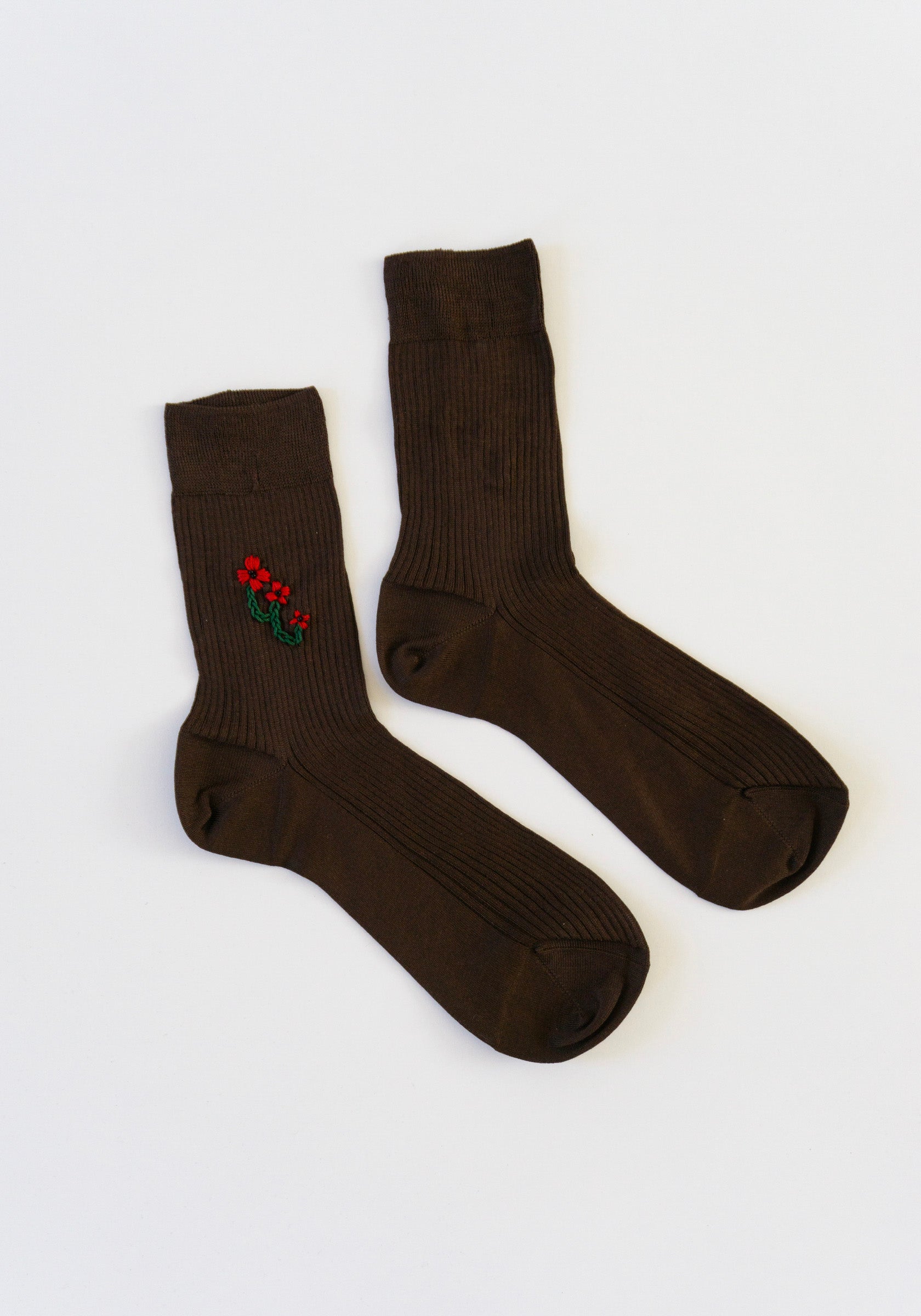 Floral Embroidered Sock with Brown Poppy