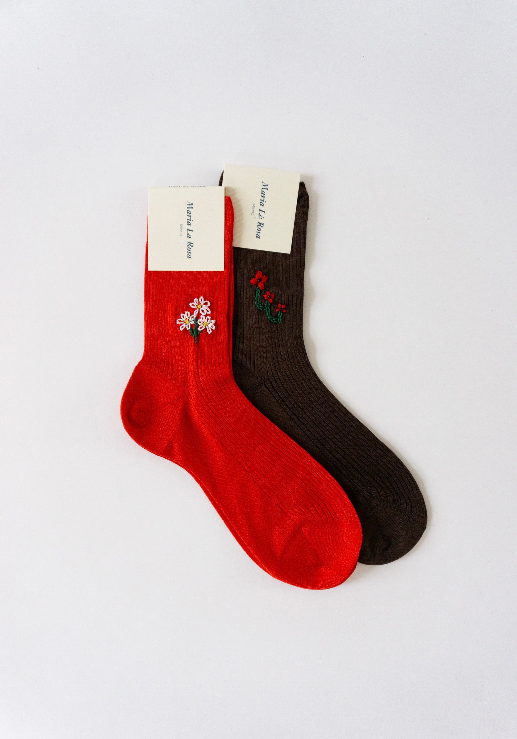 Floral Embroidered Sock with Red Daisy