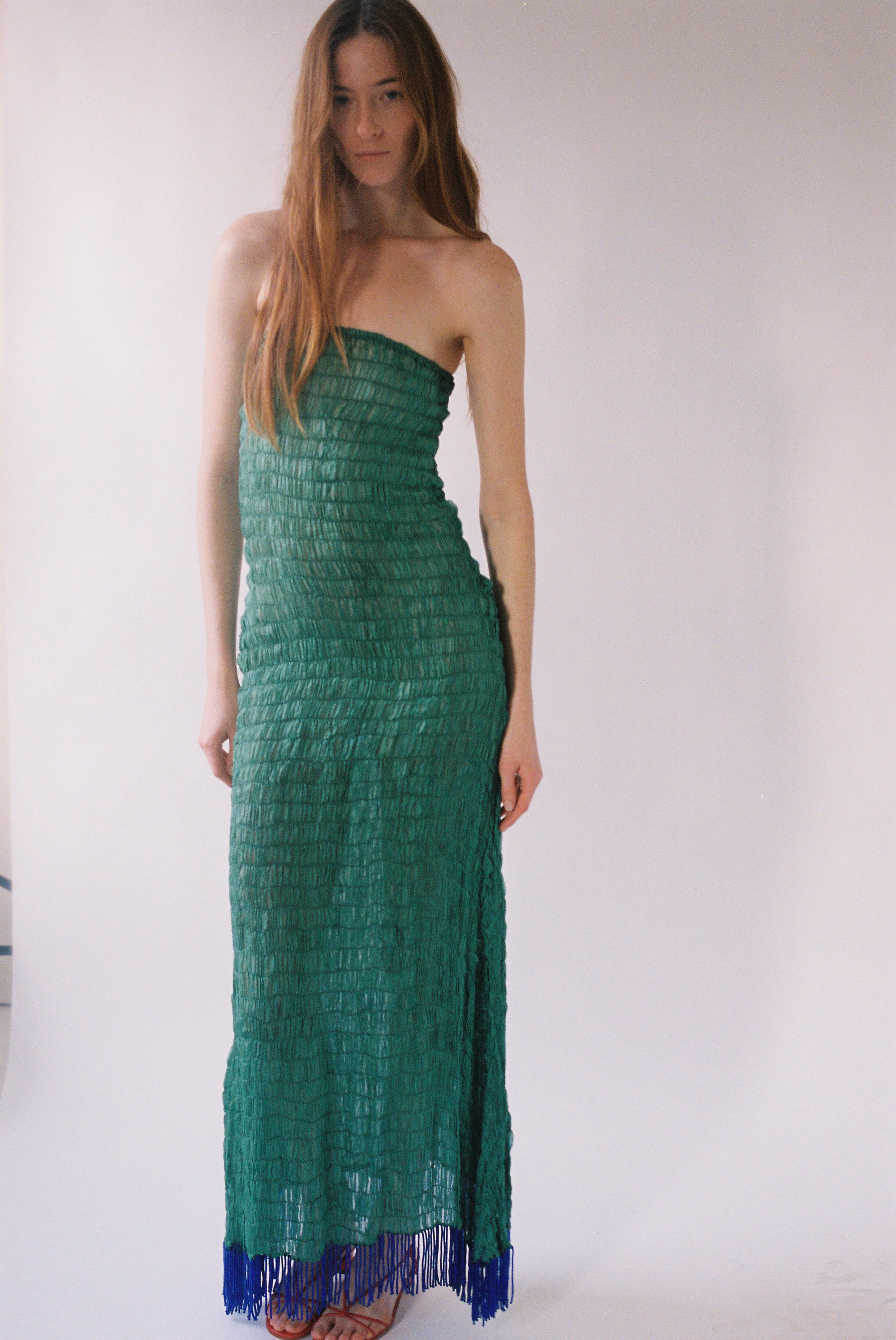 Tigra Tigra Gathered Kota Tube Dress with Beaded Fringe in Jade Green