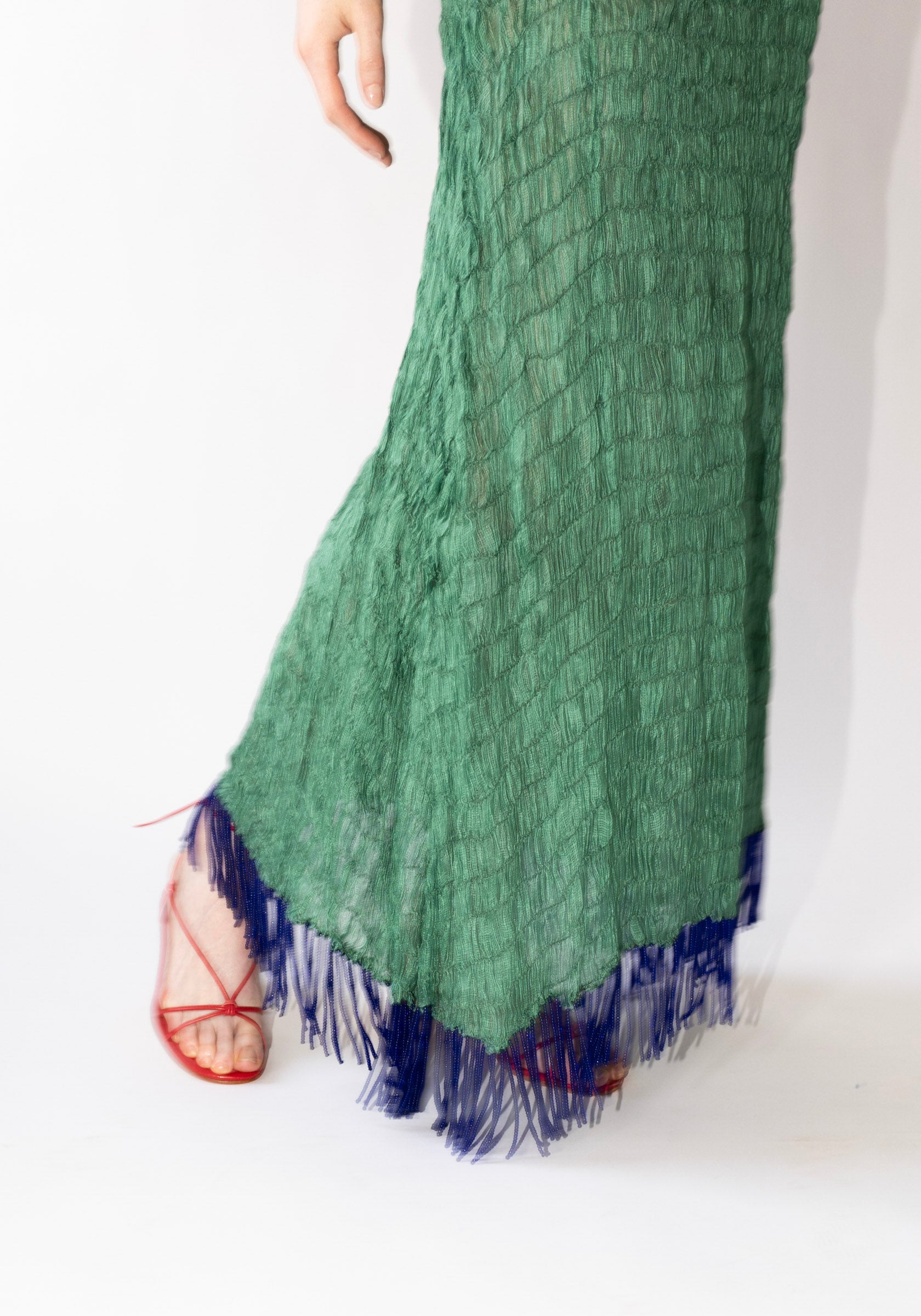 Tigra Tigra Gathered Kota Tube Dress with Beaded Fringe in Jade Green