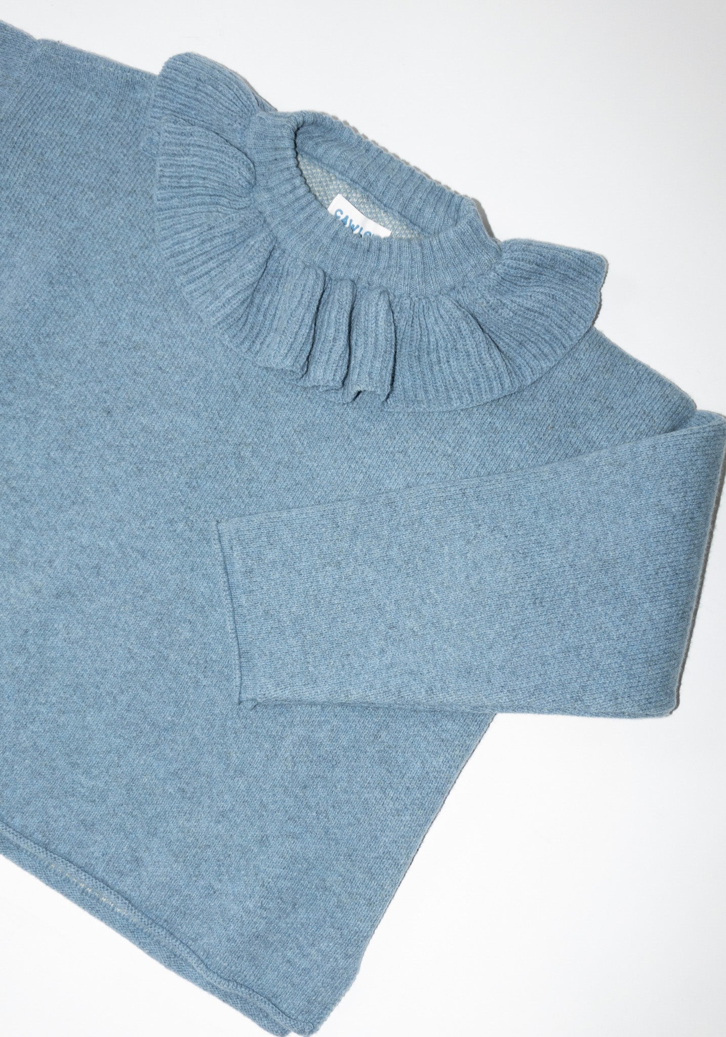 Cawley British Lambswool Ruffle Neck Pullover Sweater in Glacier