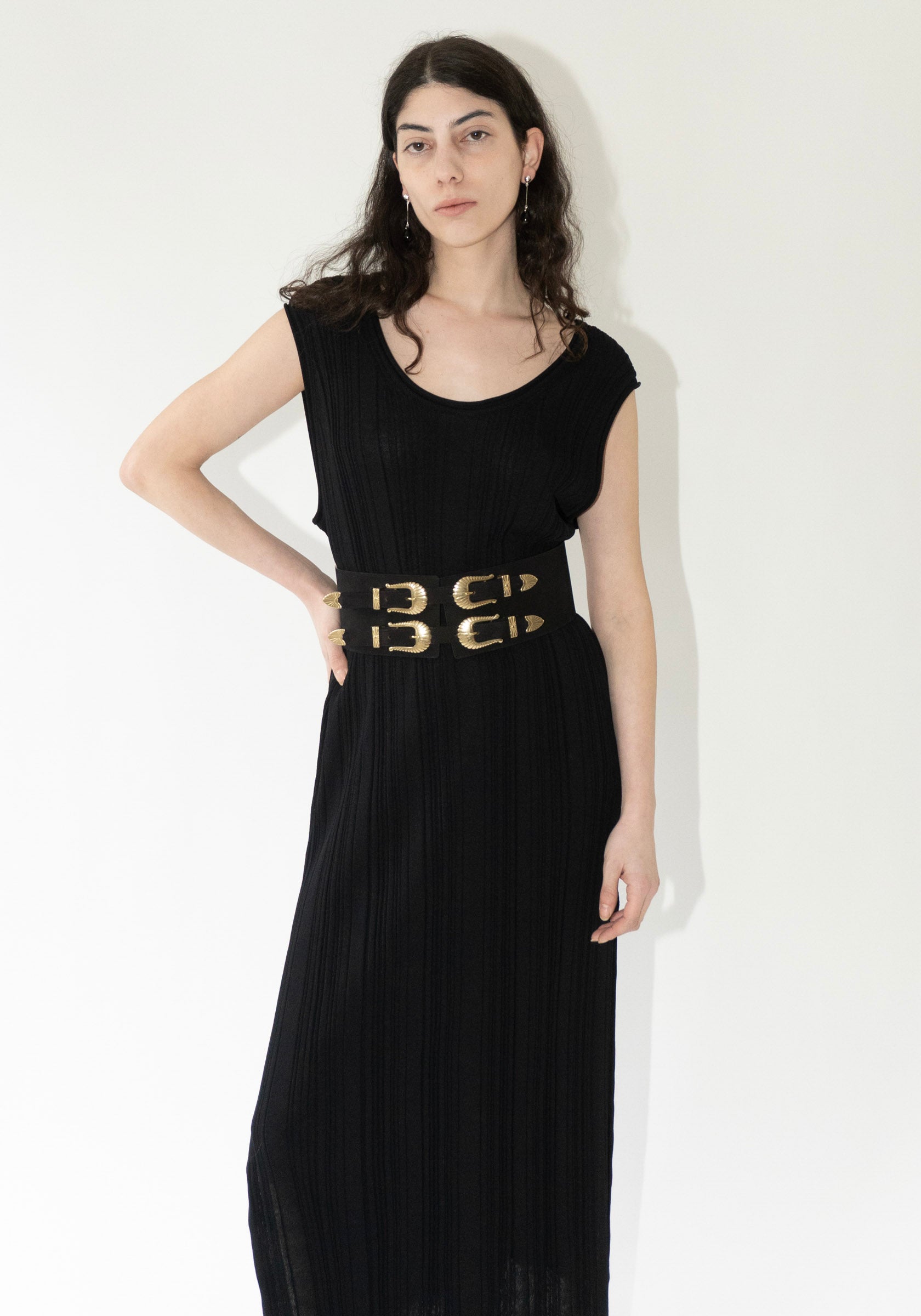 RUS Musubi Dress in Black Maison Boinet Western Double Buckle Suede Belt in Black