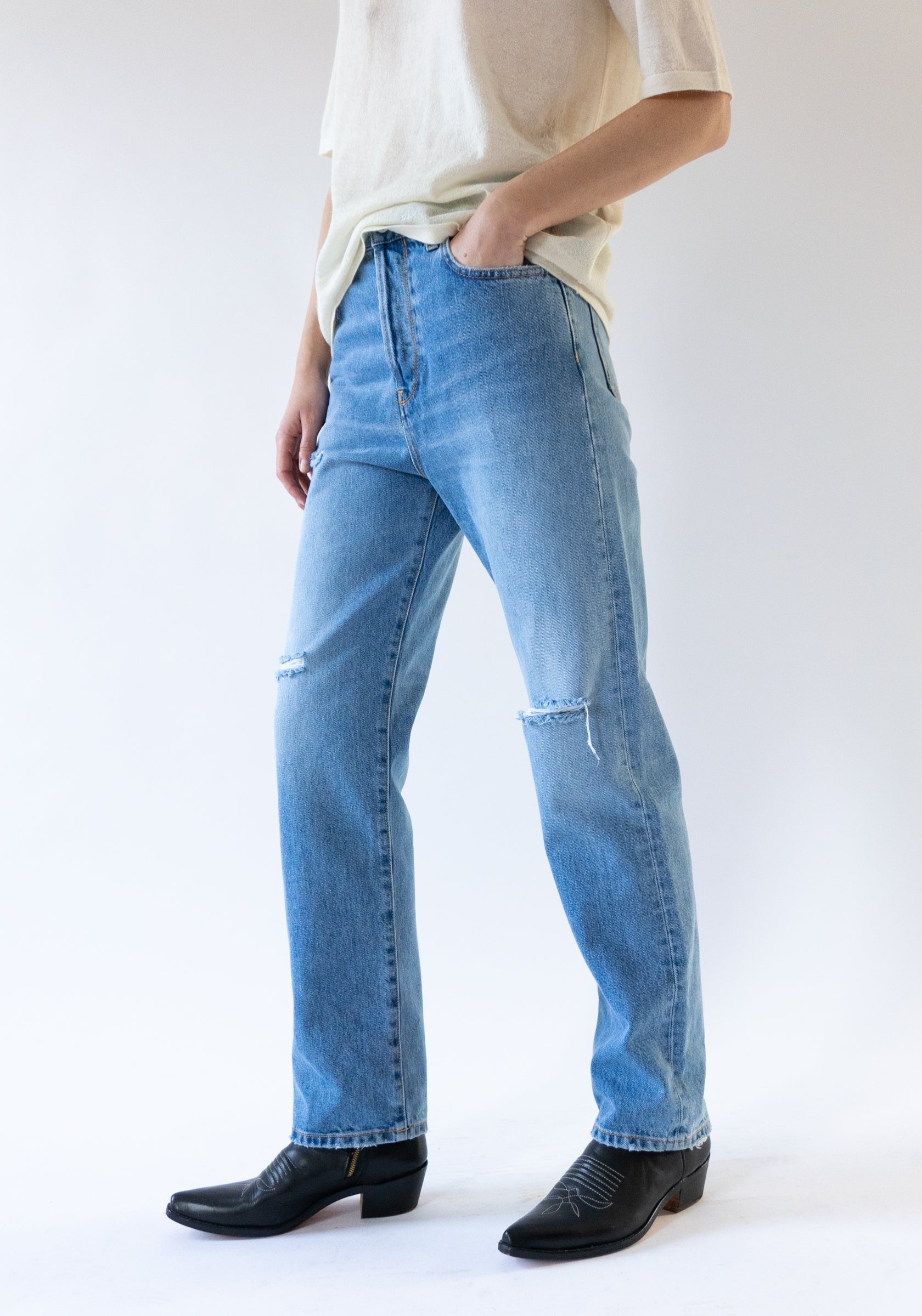 Torn Relaxed Straight Jean in True Blue