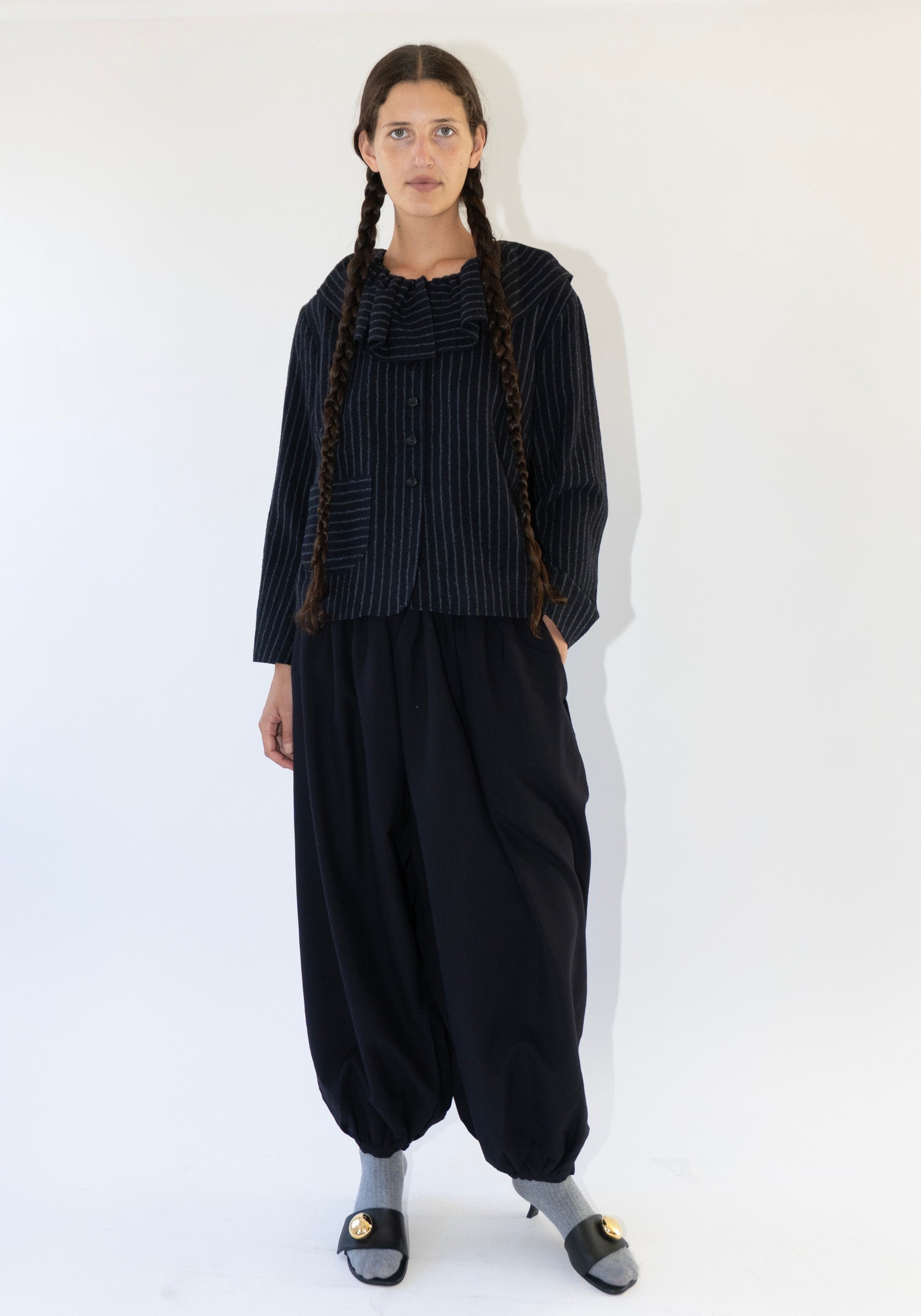 Cawley Japanese Striped Bouchle Ruffle Lillie Jacket in Navy and Grey