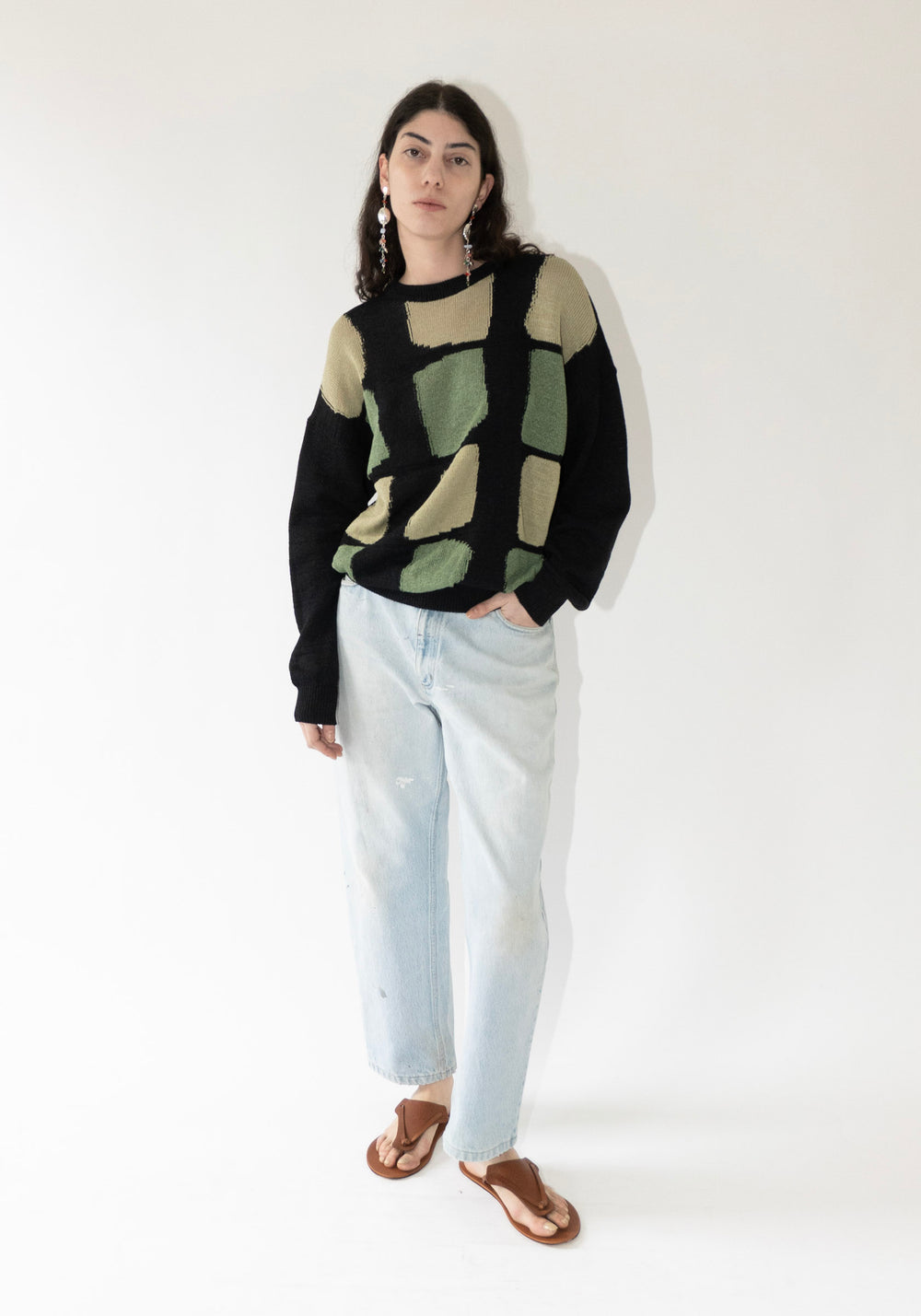 Cristaseya Washi Paper Patchwork Sweater in Black with Sauge and Khaki Patch