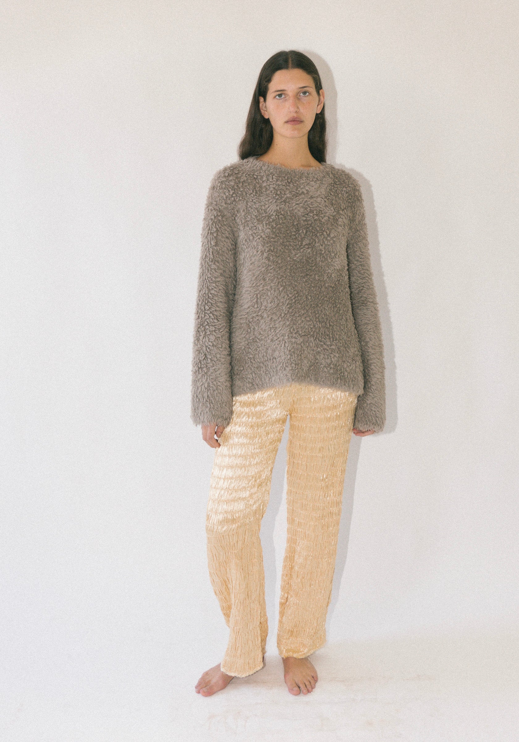 Handknit Fur Crewneck in Taupe