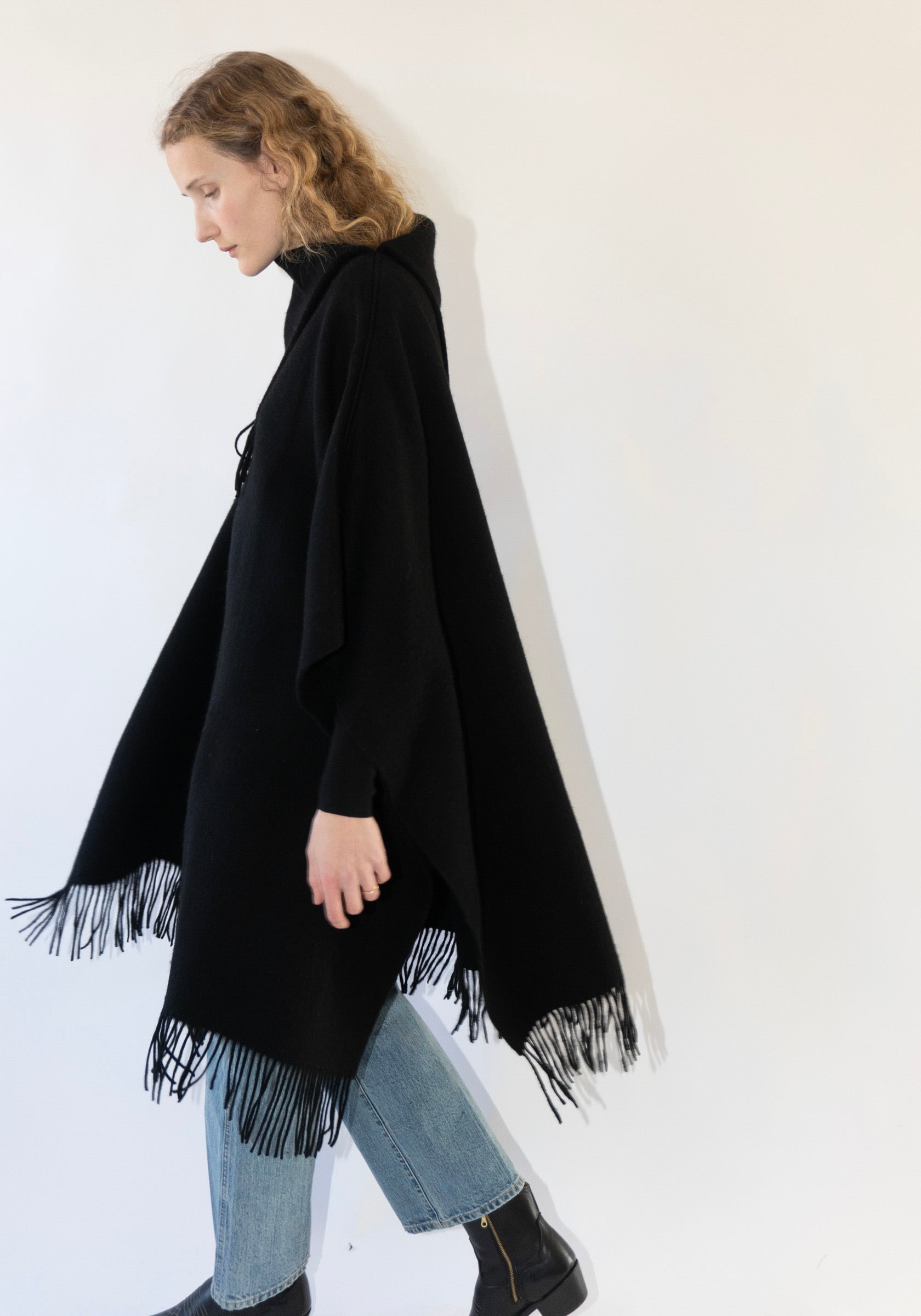 Long Turtlo Fringe Poncho in Black