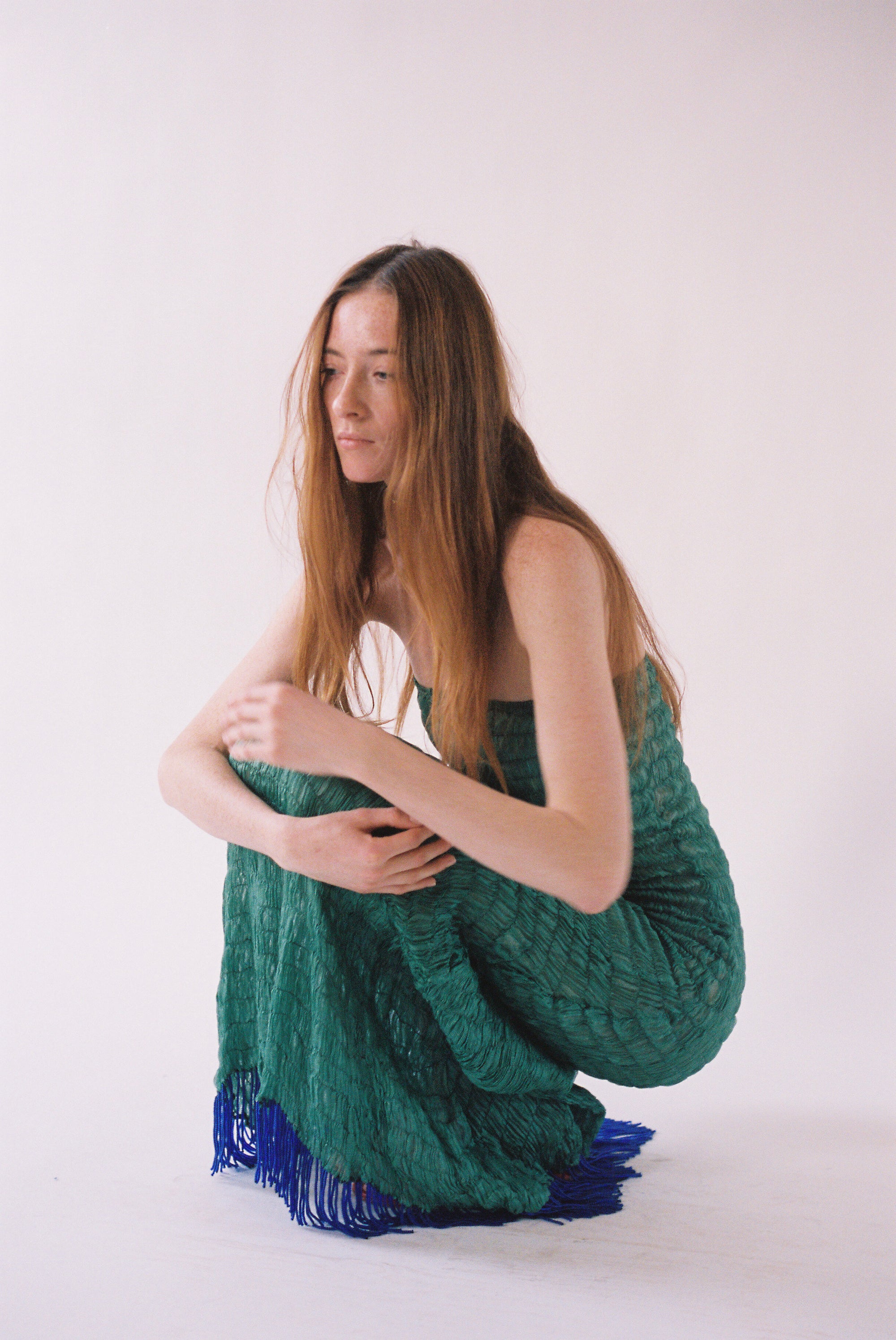 Tigra Tigra Gathered Kota Tube Dress with Beaded Fringe in Jade Green