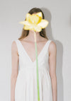 Róhe Sculptural Textured Cotton Dress in Off White. Long, v-neck dress with low back and gathered skirt. 