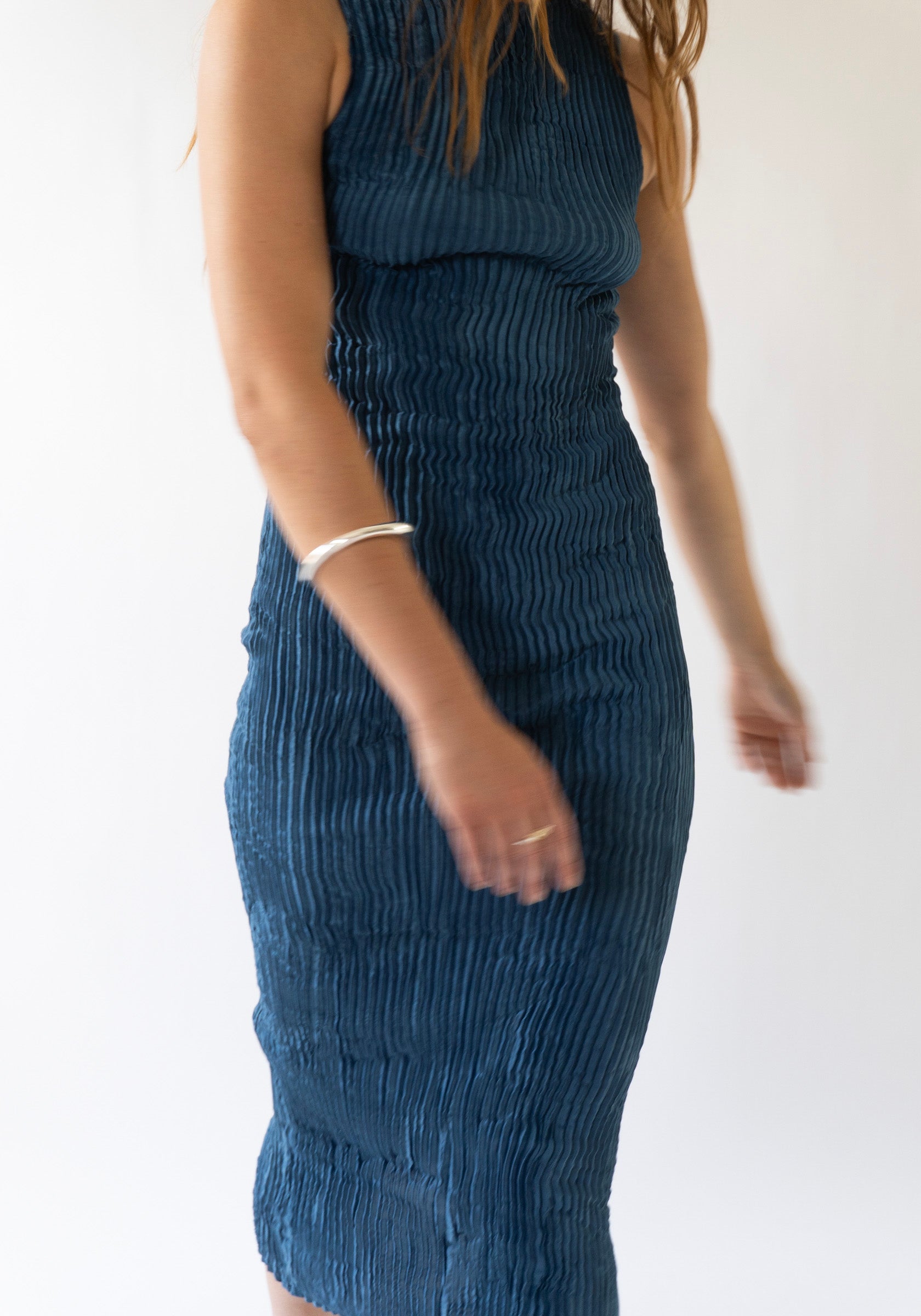 Azur Plissé Satin Silk Tank Long Dress in Dark Indigo