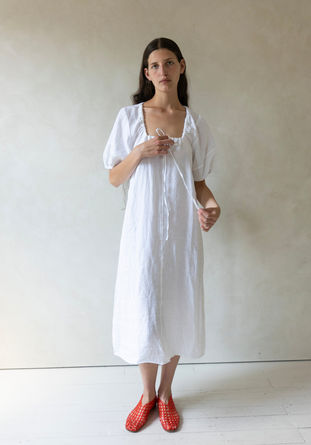 Deiji Studios Curved Seam Midi Dress in White Linen
