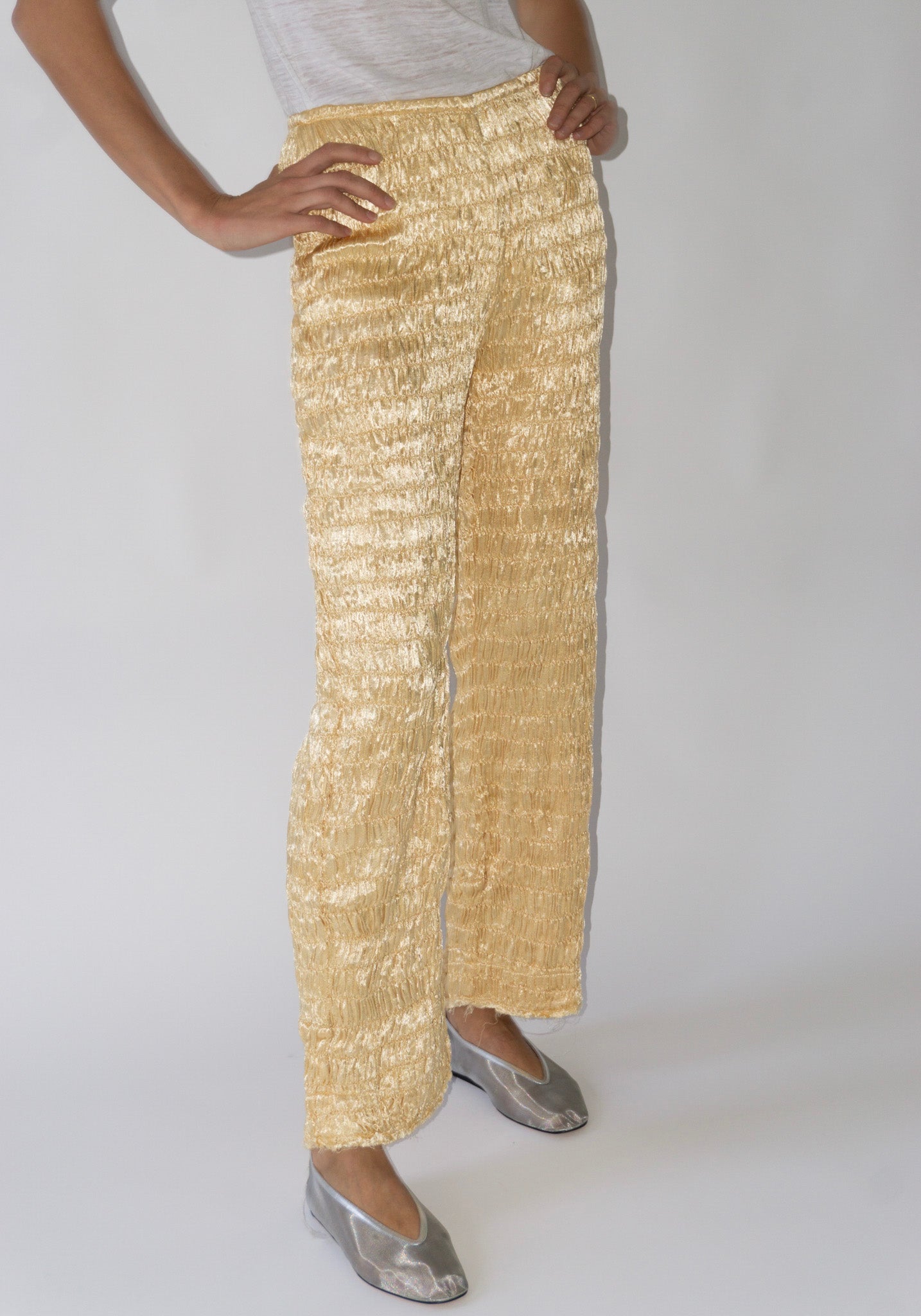 Tigra Tigra Gathered Silk Mashroo Zip Pant in Pale Yellow