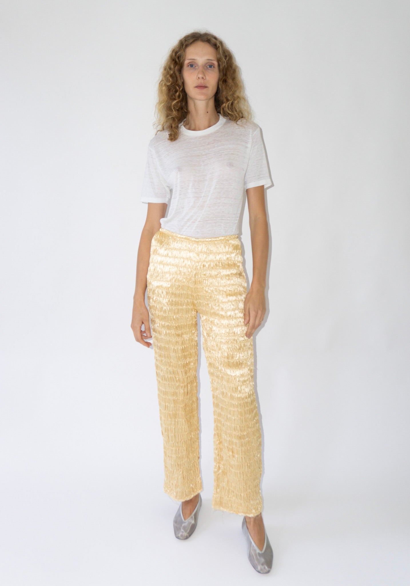 Tigra Tigra Gathered Silk Mashroo Zip Pant in Pale Yellow