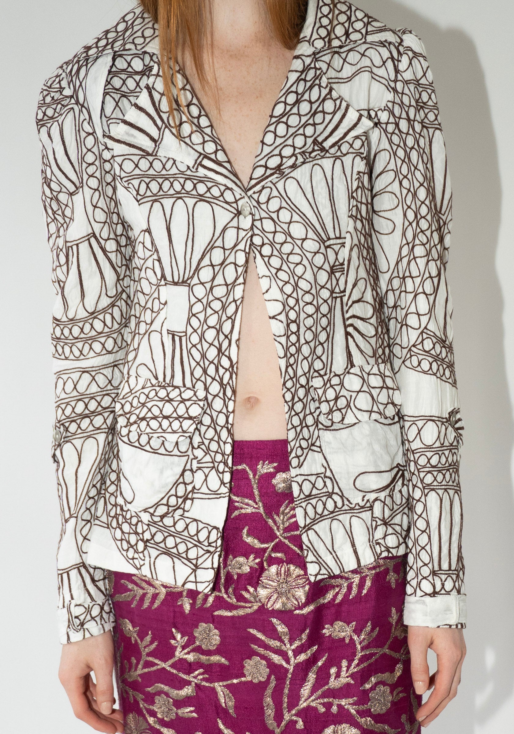 Tigra Tigra Embroidered Rabari Deconstructed Jacket in White and Brown