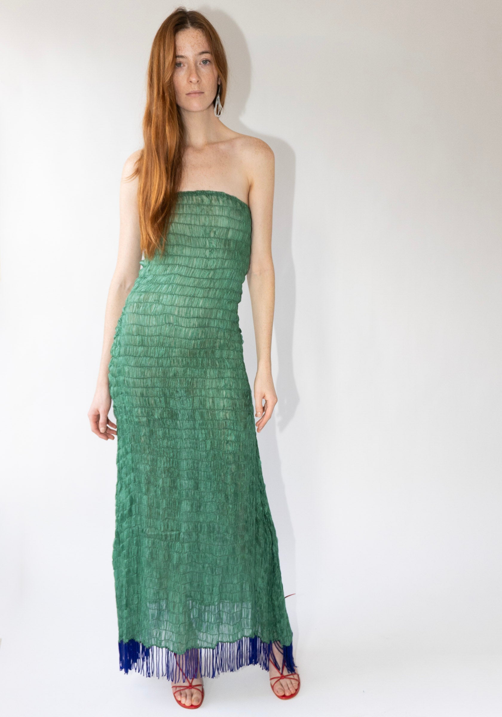 Tigra Tigra Gathered Kota Tube Dress with Beaded Fringe in Jade Green