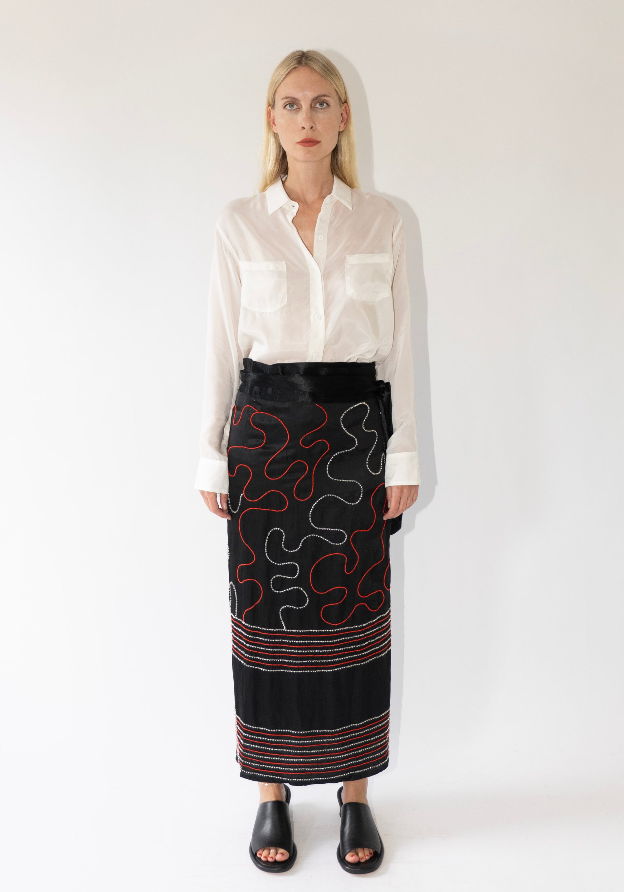 Tigra Tigra Glass Beaded Wrap Skirt in Black and Red