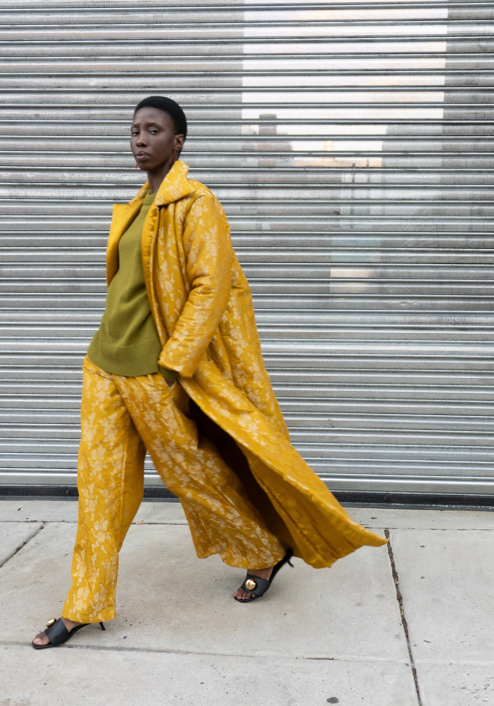 Silk Brocade Puffy Overcoat in Yellow