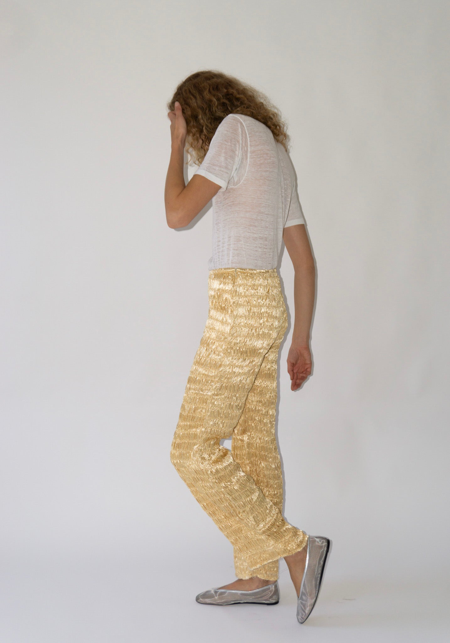 Tigra Tigra Gathered Silk Mashroo Zip Pant in Pale Yellow