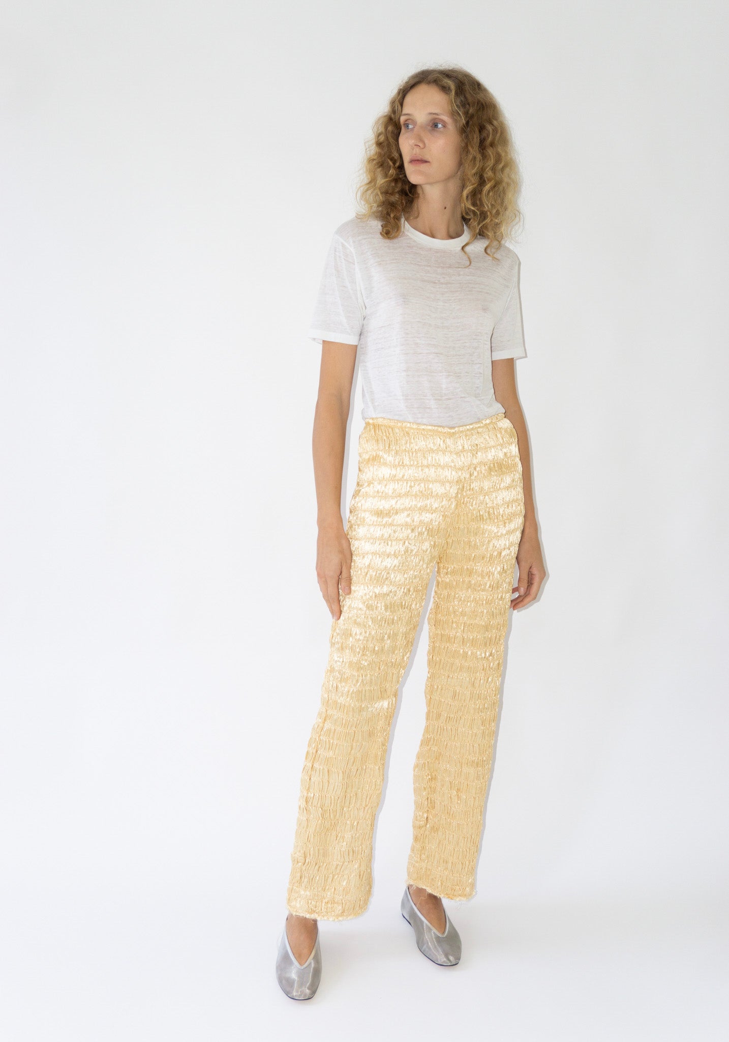 Tigra Tigra Gathered Silk Mashroo Zip Pant in Pale Yellow