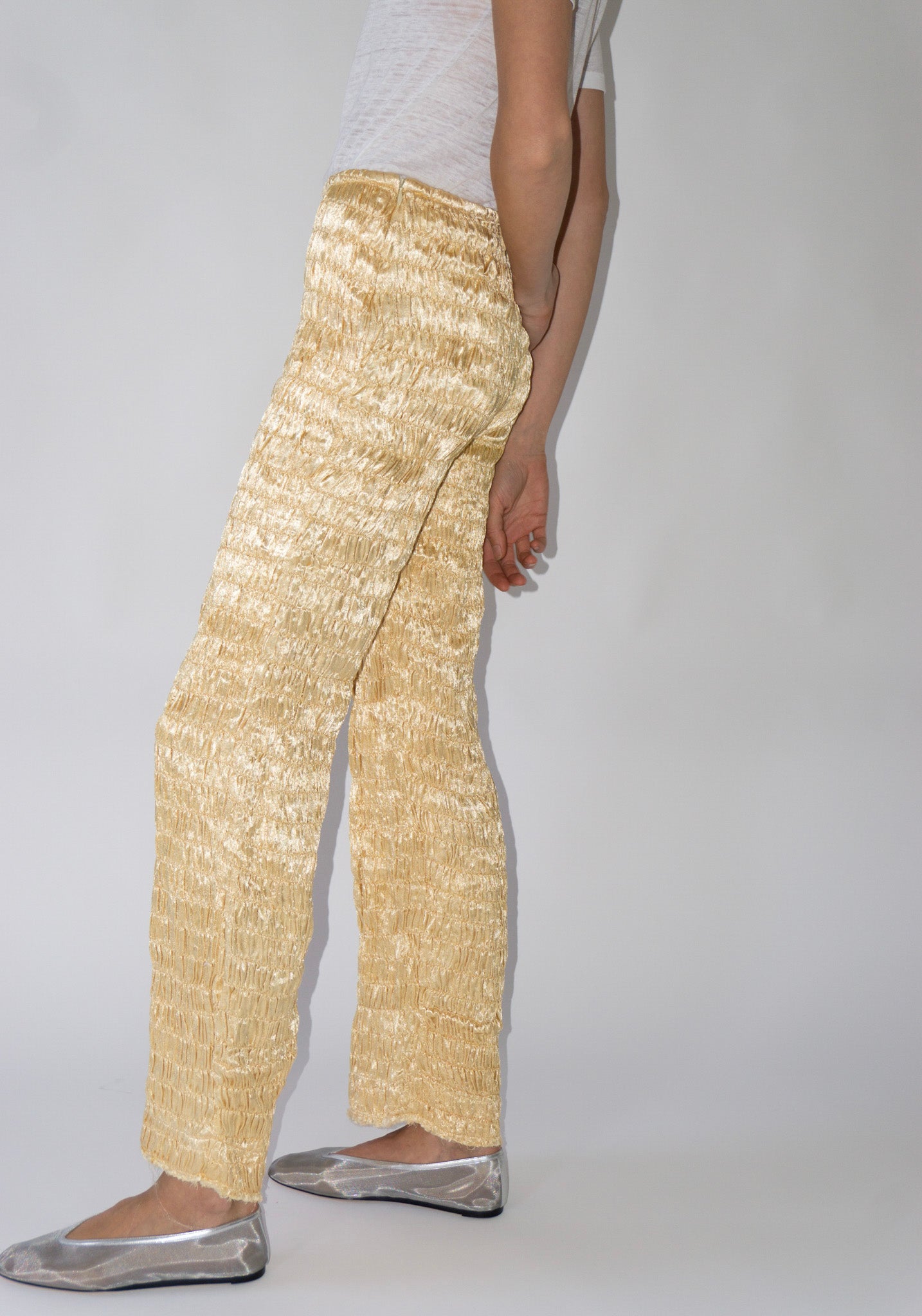 Tigra Tigra Gathered Silk Mashroo Zip Pant in Pale Yellow