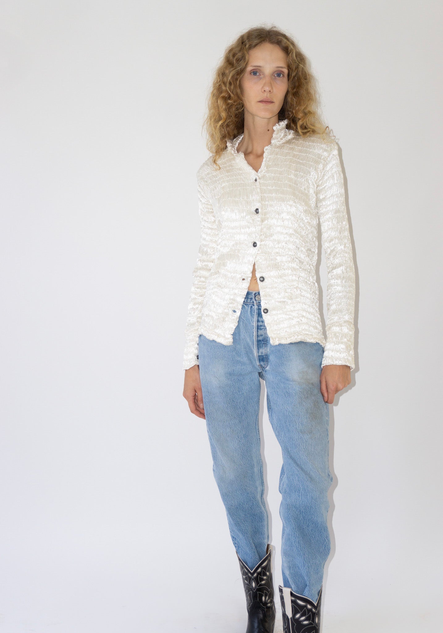 Gathered Silk Mashroo Button Shirt in White