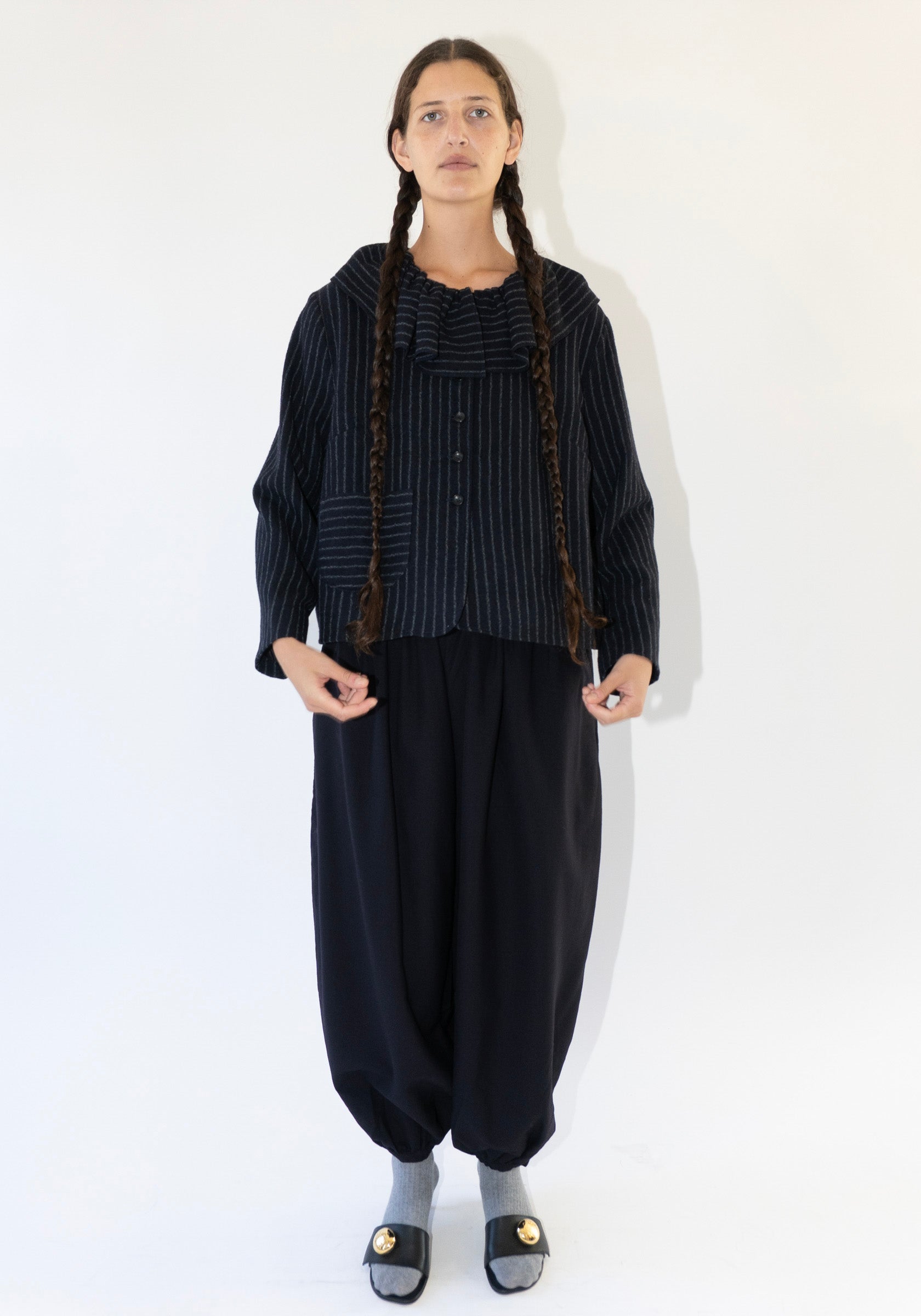 Japanese Striped Boucle Ruffle Lillie Jacket in Navy and Grey