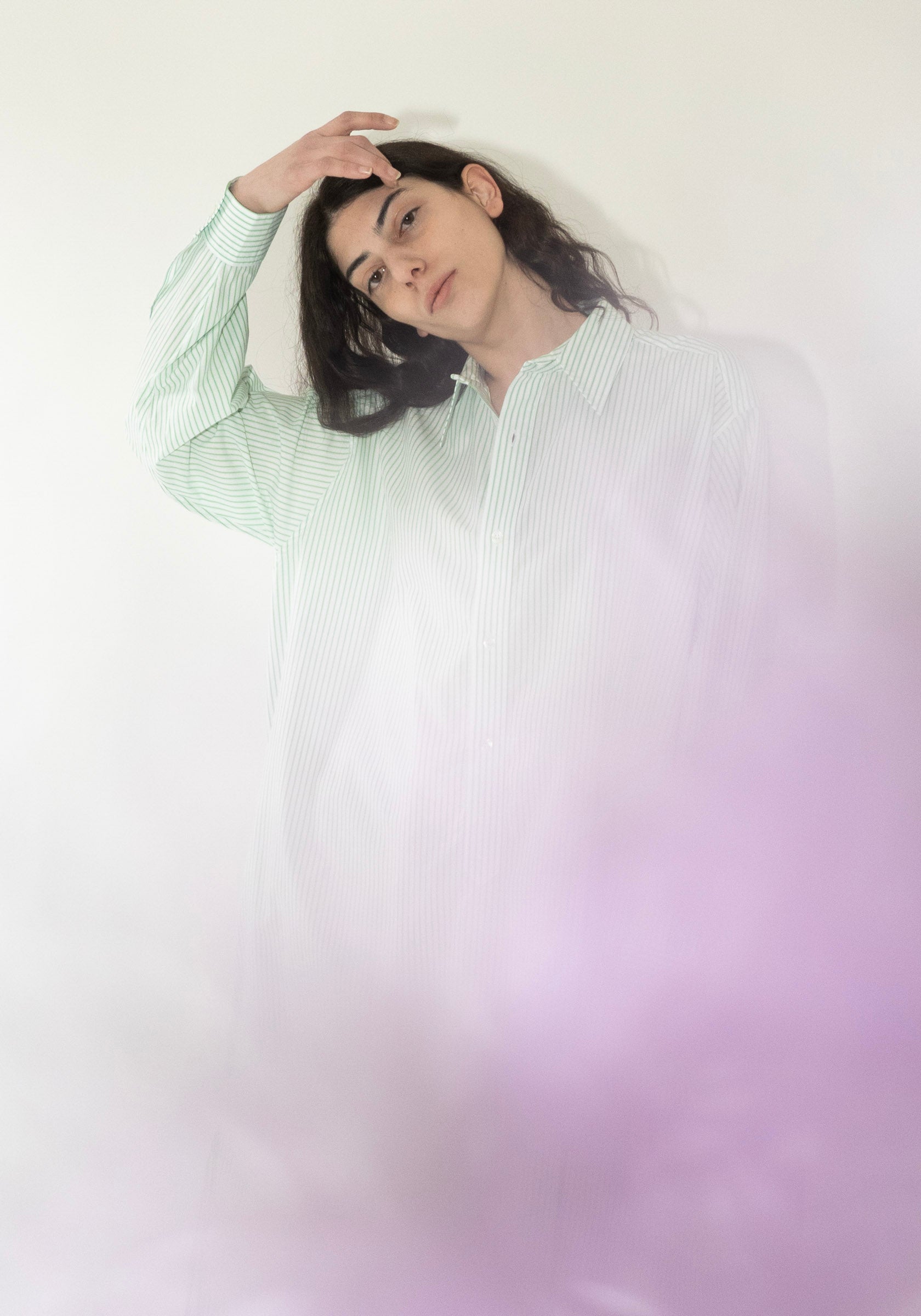 Cristaseya Maxi Shirt Dress in White and Green Stripes