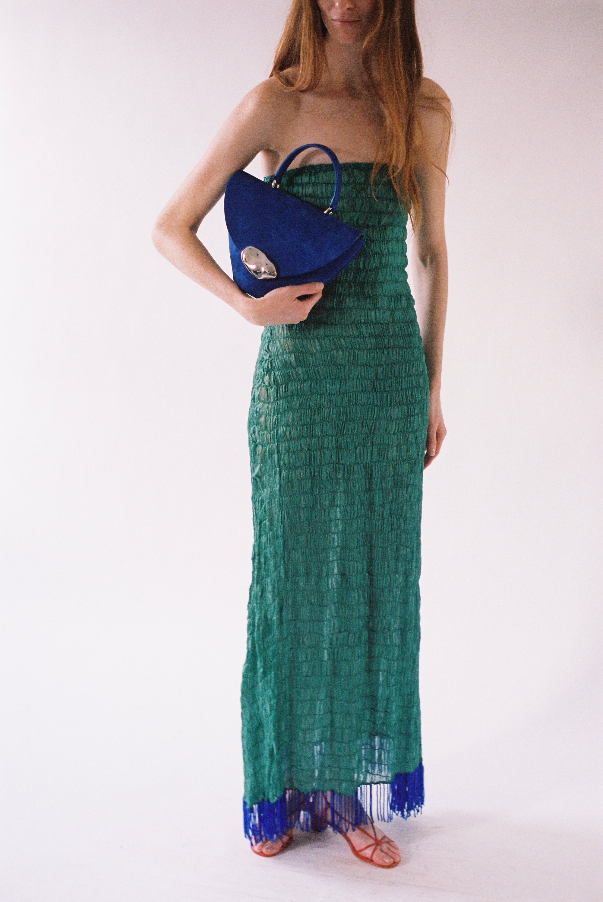 Tigra Tigra Gathered Kota Tube Dress with Beaded Fringe in Jade Green
