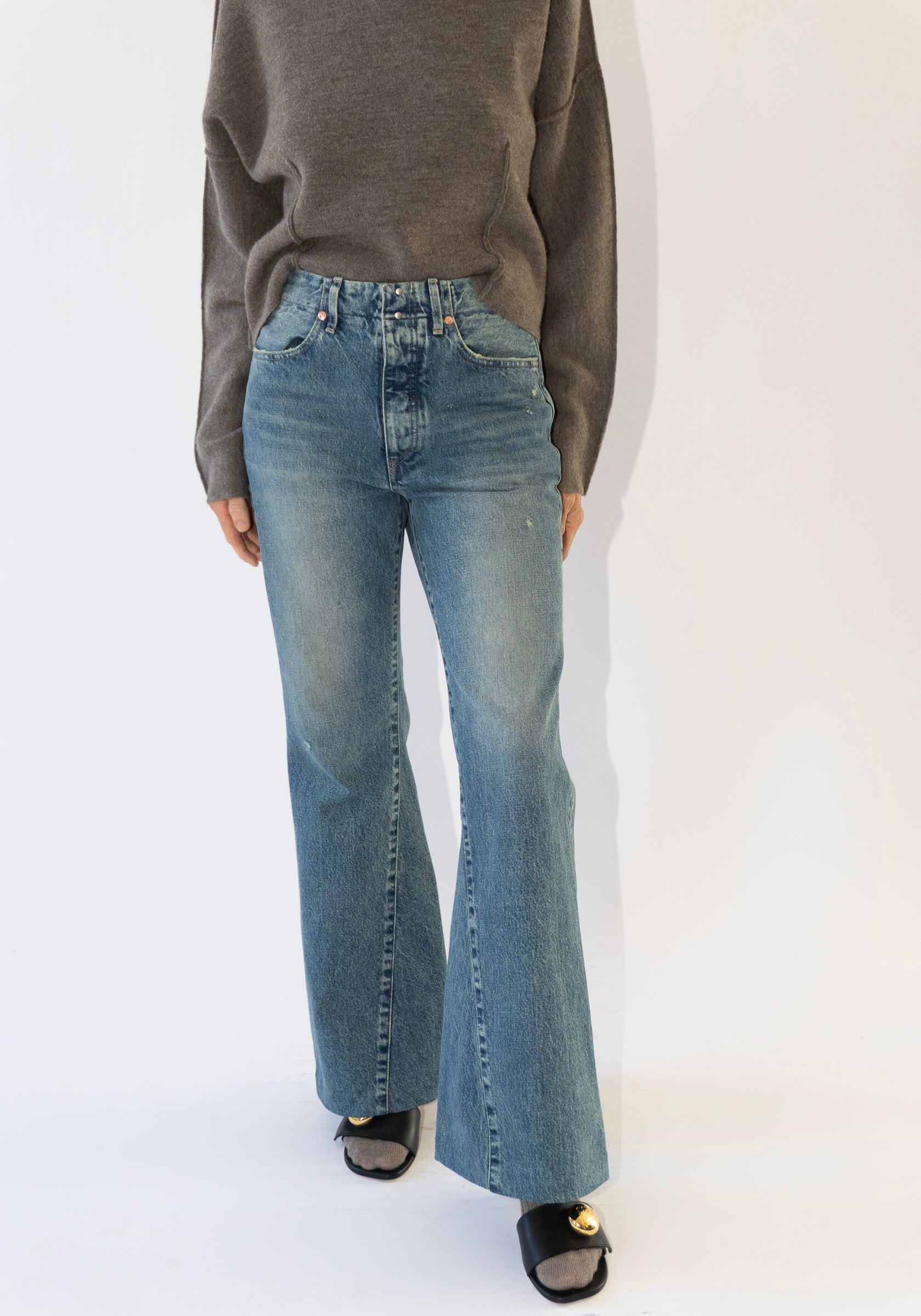 Tanaka Flare Jean Trouser in Green Blue