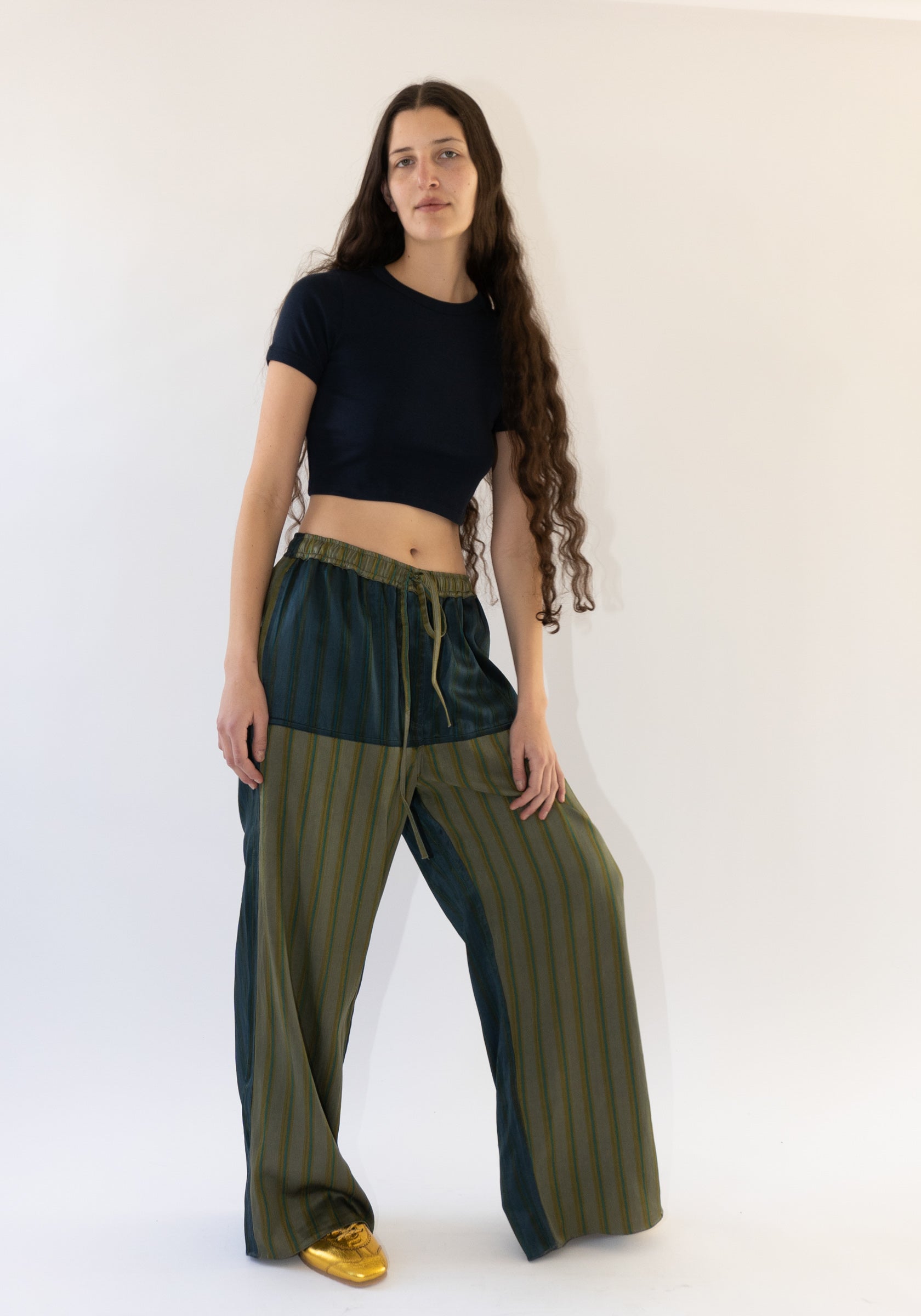 Tigra Tigra Patchwork Stripe Pant in Grey and Blue Stripe