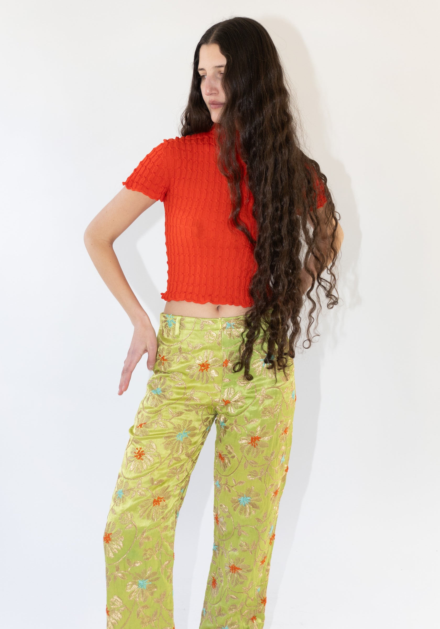 Tigra Tigra Khatwork Kasab Jaal Flat Pant in Lime