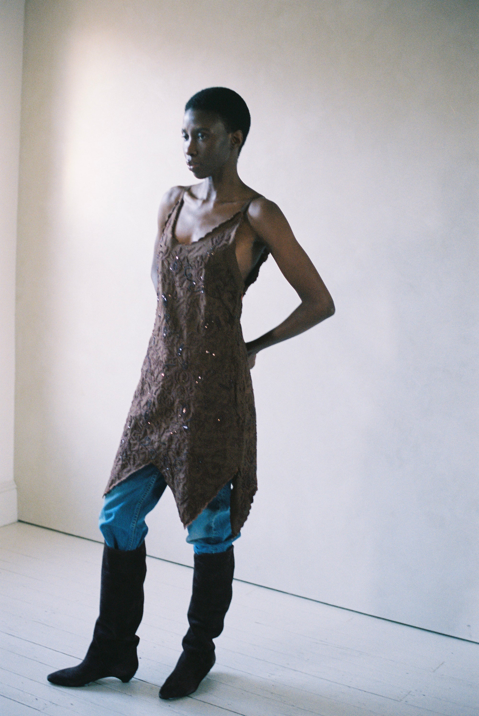 Beaded Mini Scallop Dress in Brown