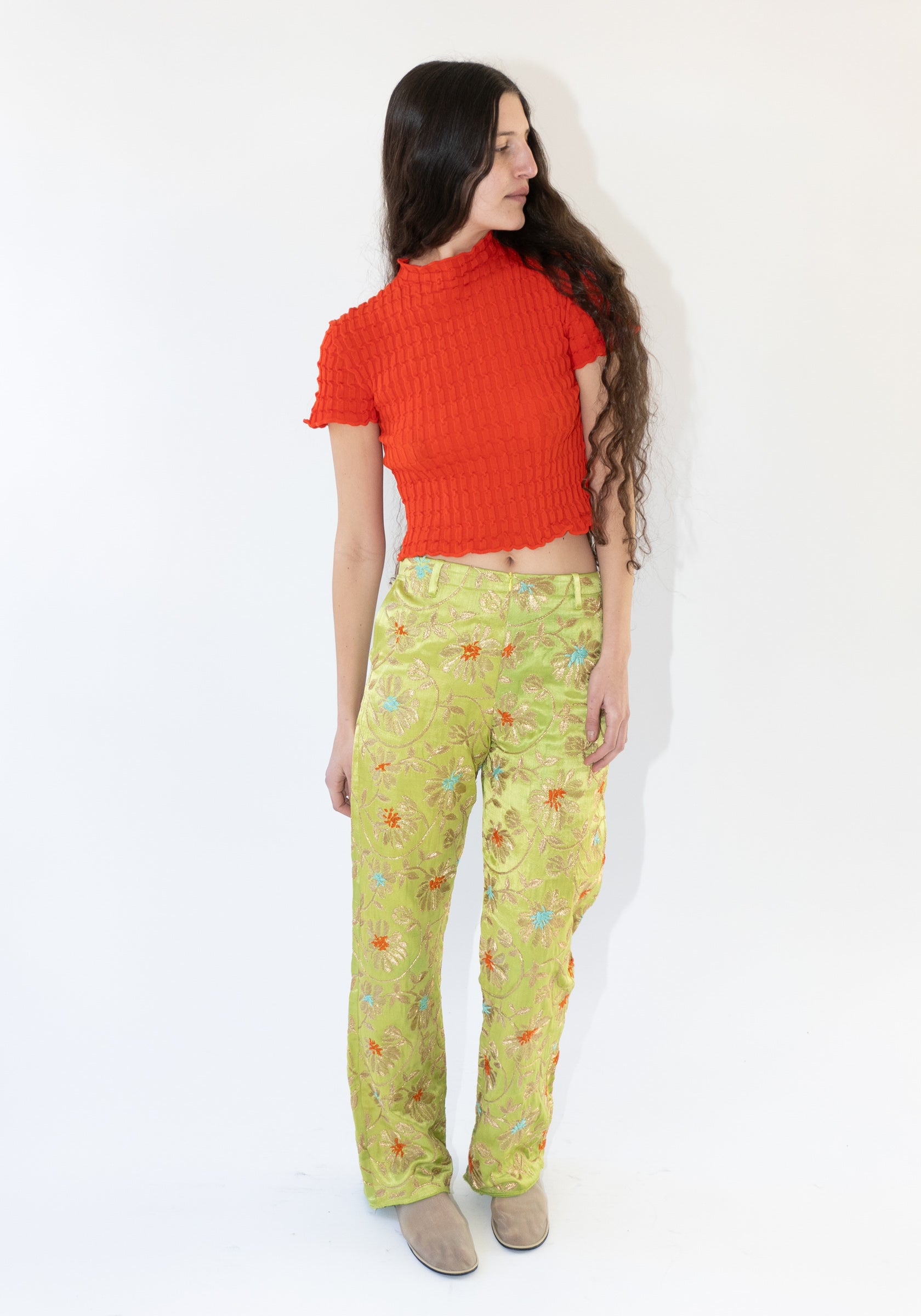 Tigra Tigra Khatwork Kasab Jaal Flat Pant in Lime