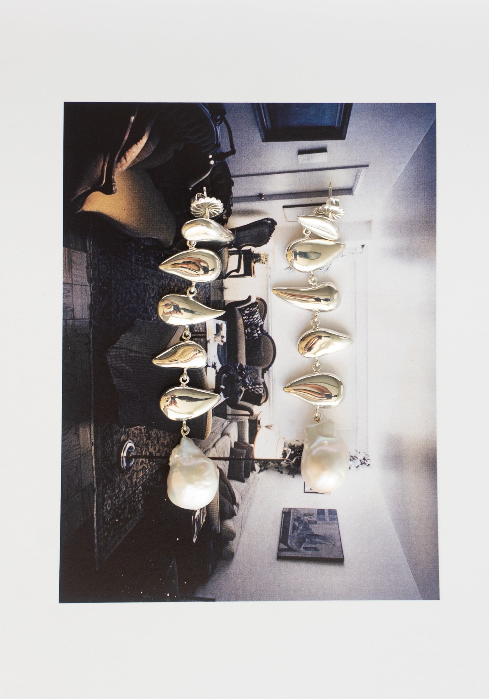 Long Flora Earrings in Silver and Pearl