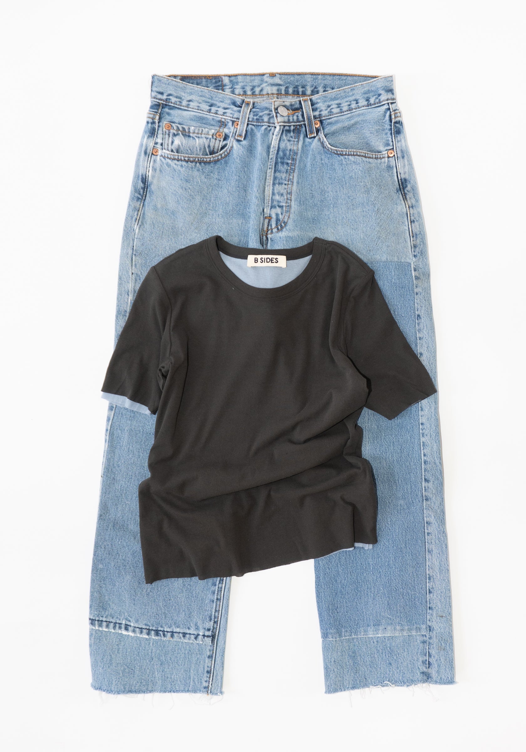 B Sides Double Tee in Dark Grey and Light Blue

