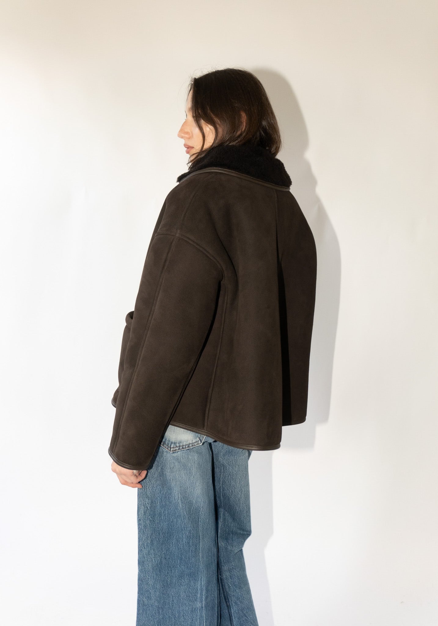 Cawley Suede and Curly Shearling Avis Jacket in Chocolate